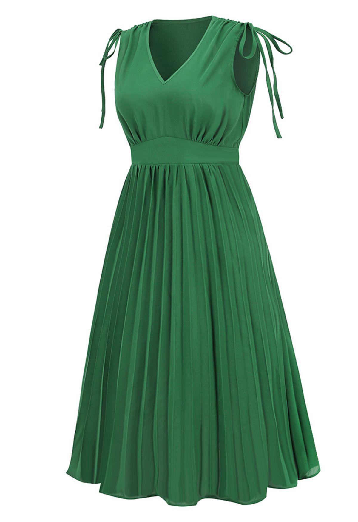 Vestido midi sin mangas plisado con lazo en verde