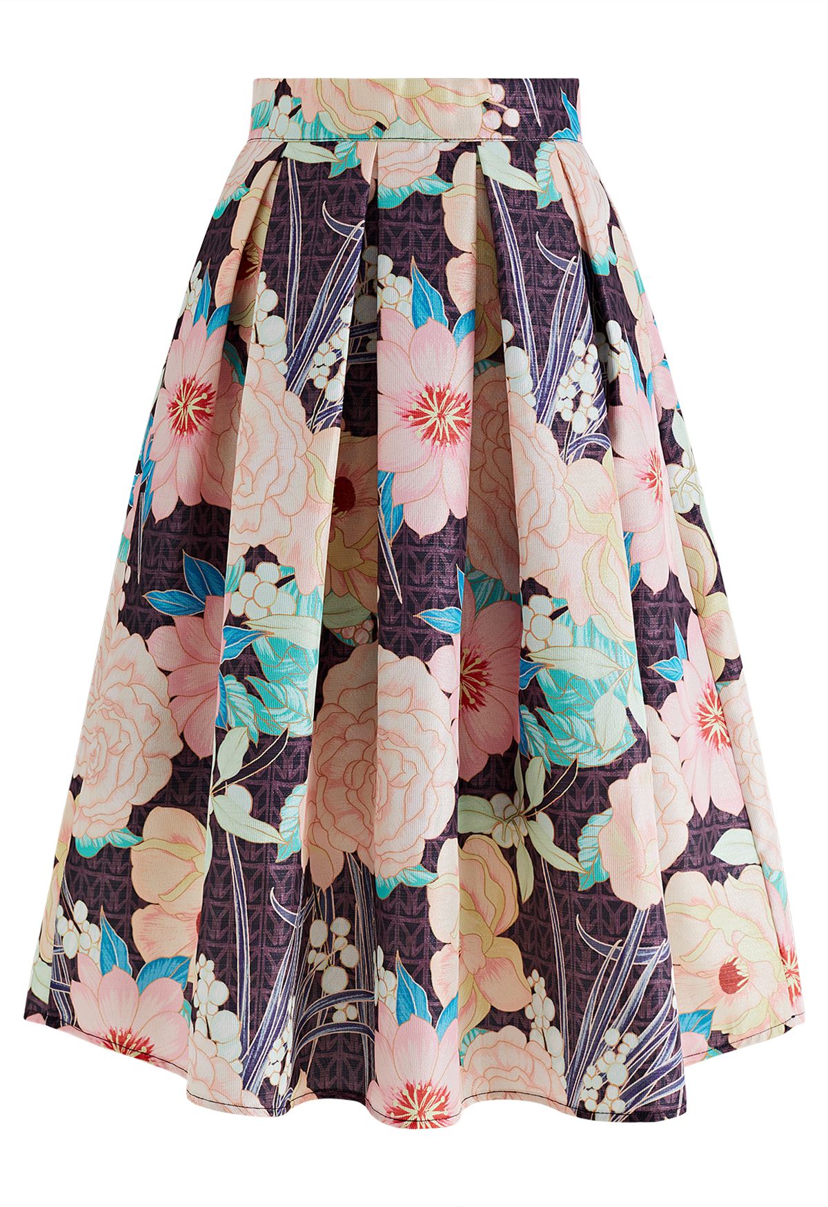 Falda midi con estampado floral metalizado brillante