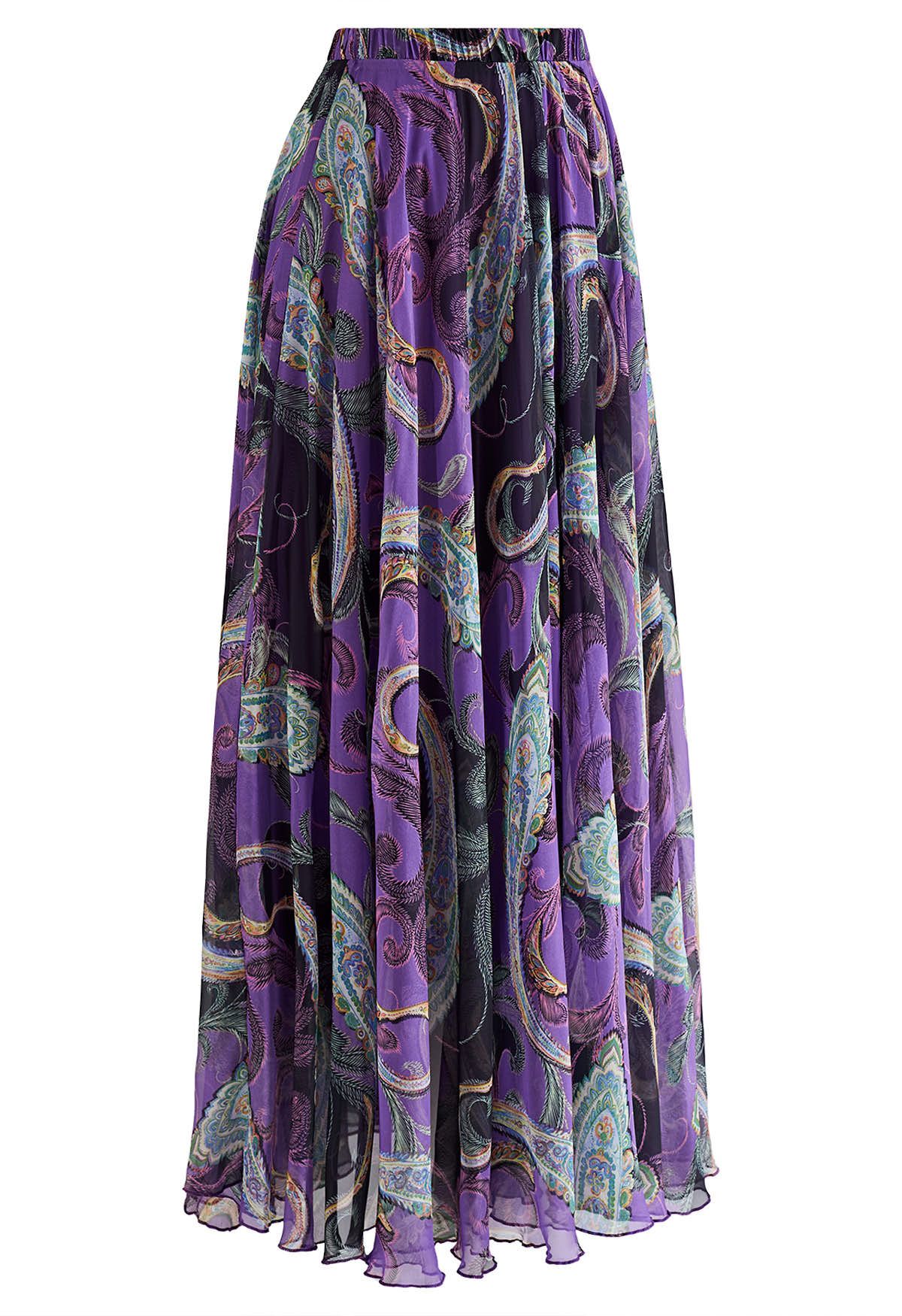 Falda larga de gasa Paisley exótica en morado