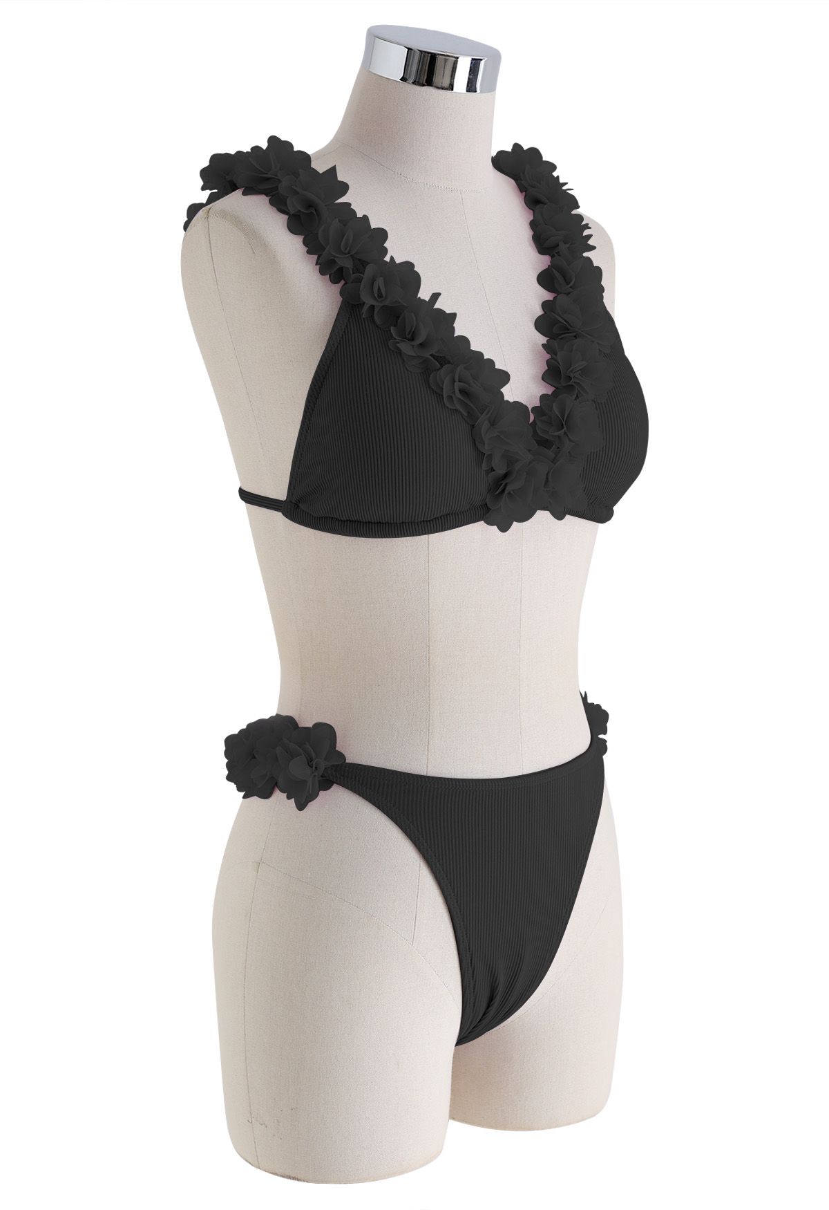 Conjunto de bikini con escote en V profundo floral de malla 3D en negro