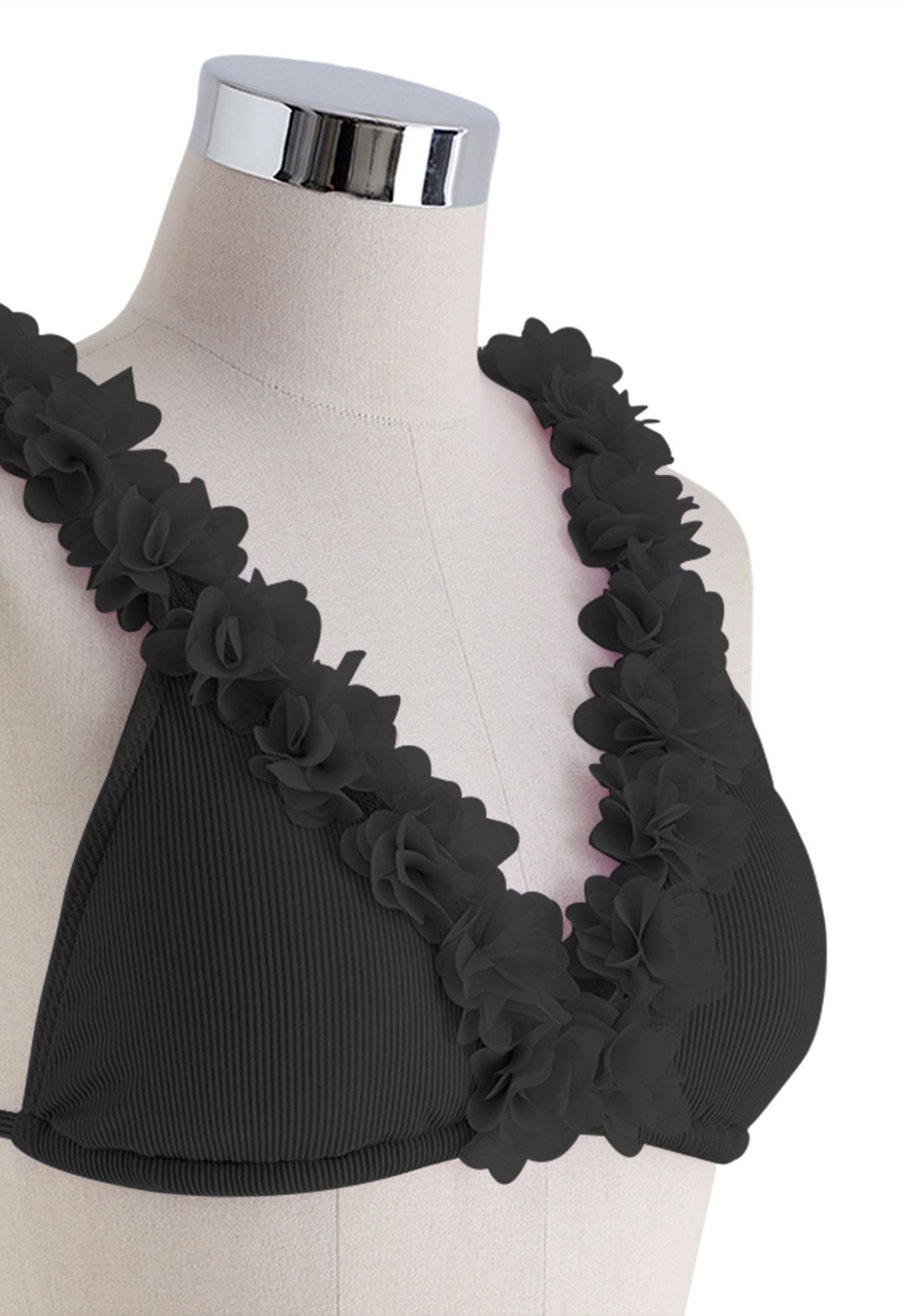 Conjunto de bikini con escote en V profundo floral de malla 3D en negro