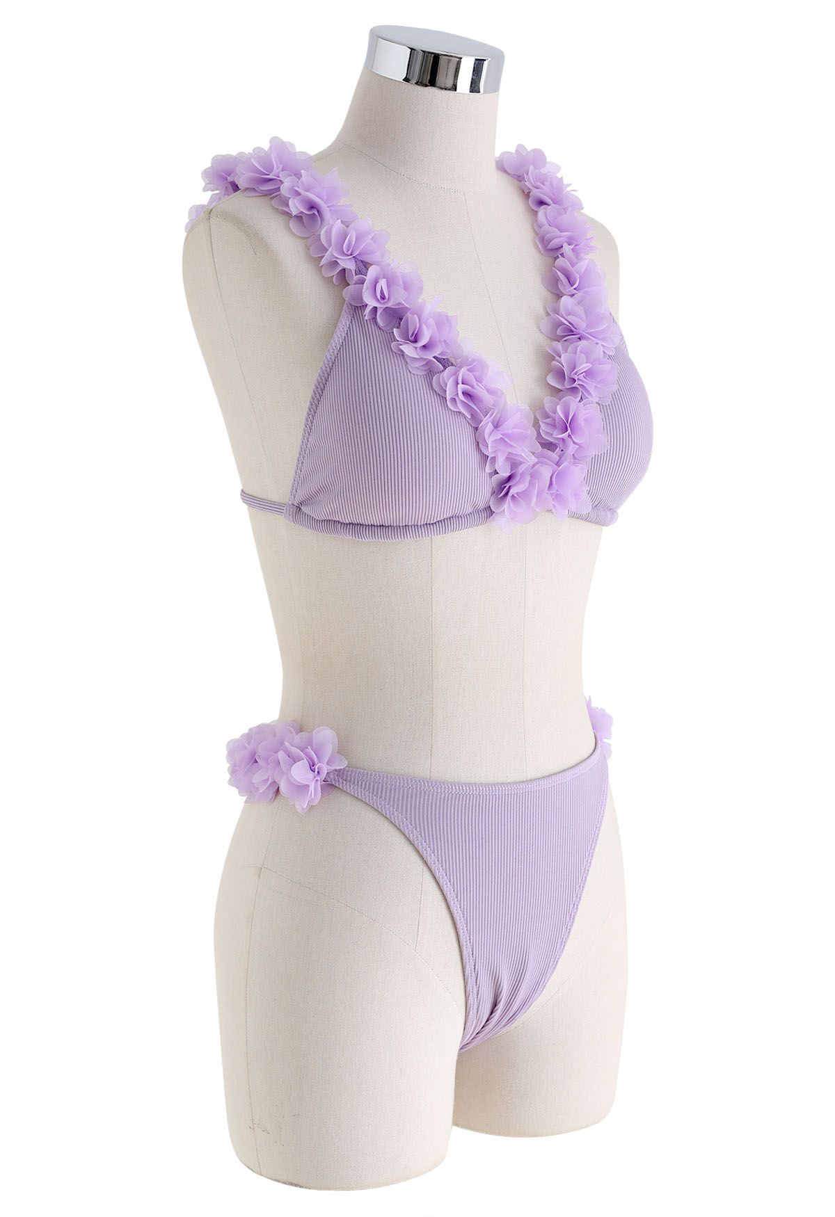 Conjunto de bikini con escote en V profundo floral de malla 3D en lila