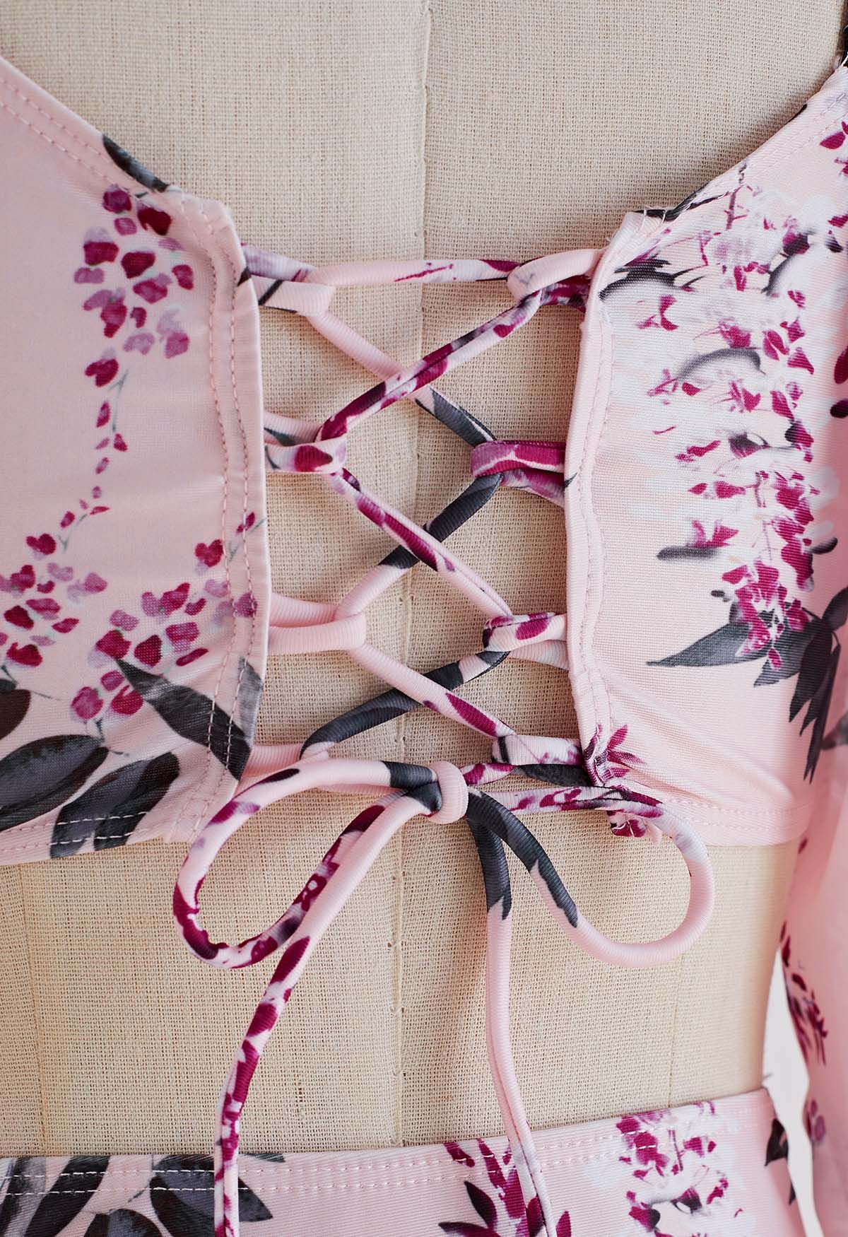 Conjunto de bikini de manga semitransparente floral rosa