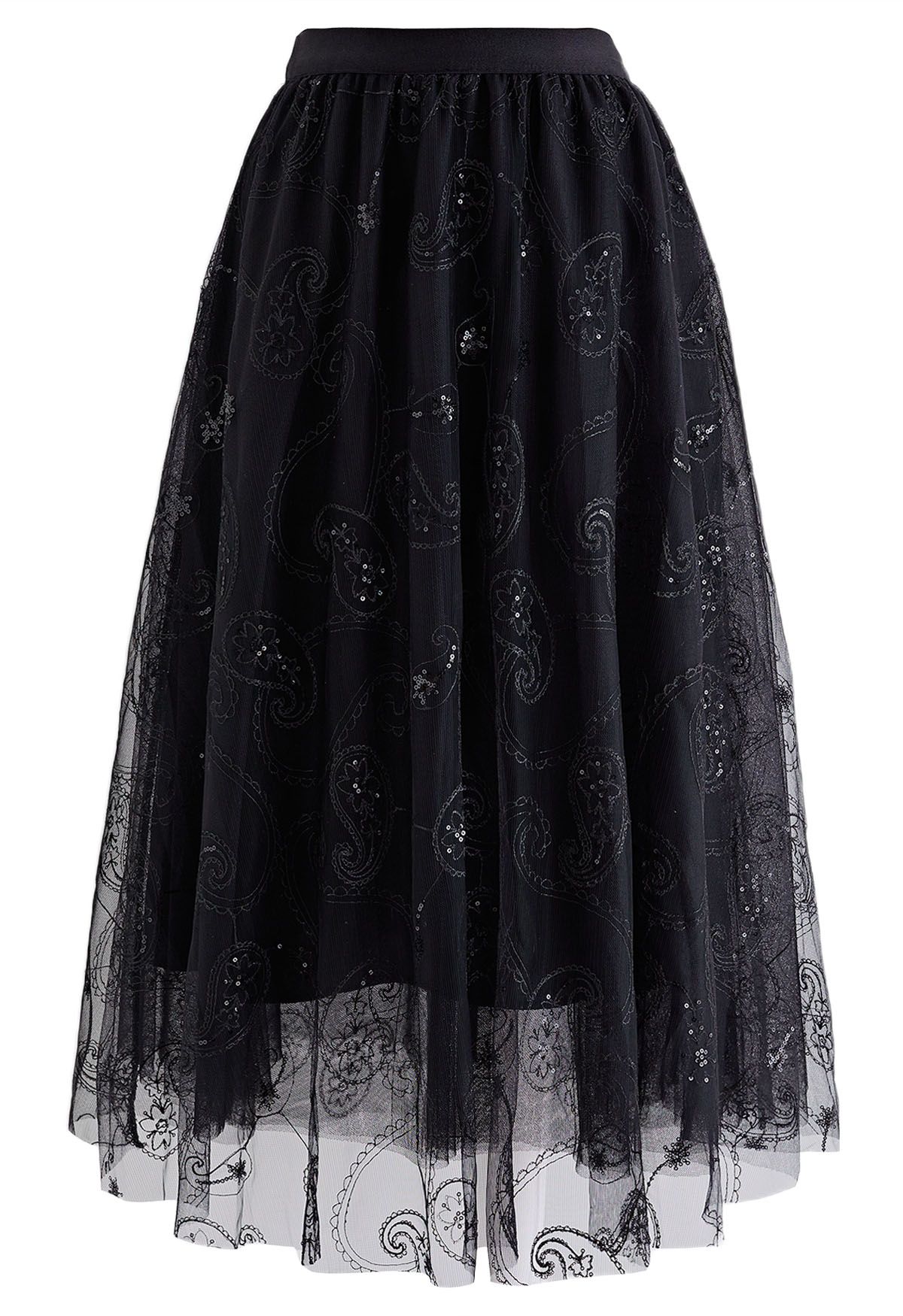 Falda midi de malla de Paisley bordada con lentejuelas en negro