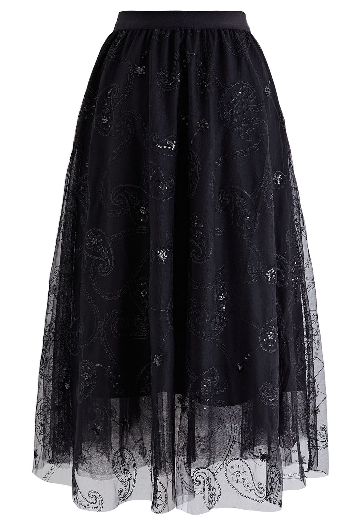 Falda midi de malla de Paisley bordada con lentejuelas en negro