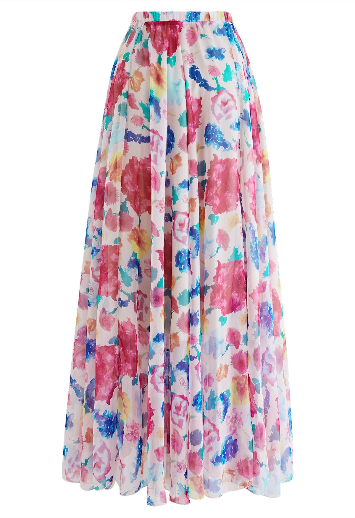 Falda larga de gasa con estampado de flores coloridas en rosa