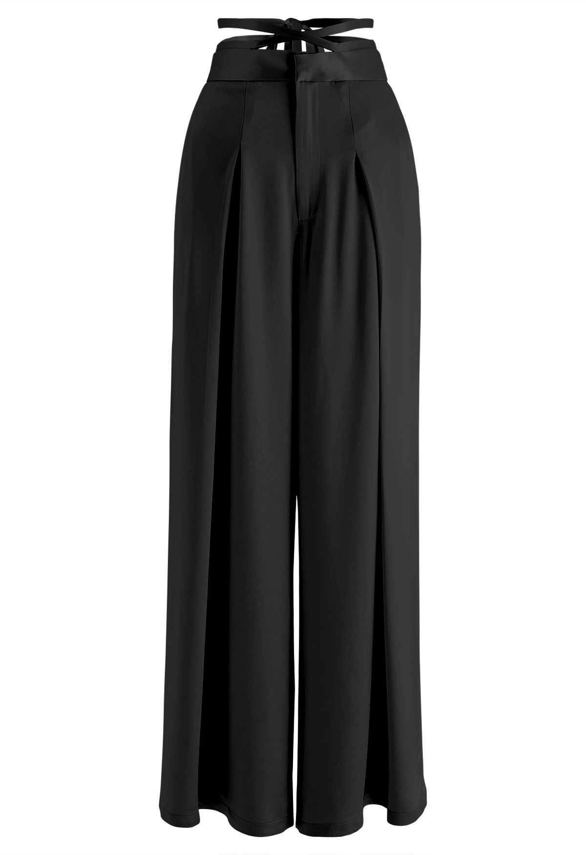 Pantalones de pierna ancha con cintura entrecruzada brillante en negro