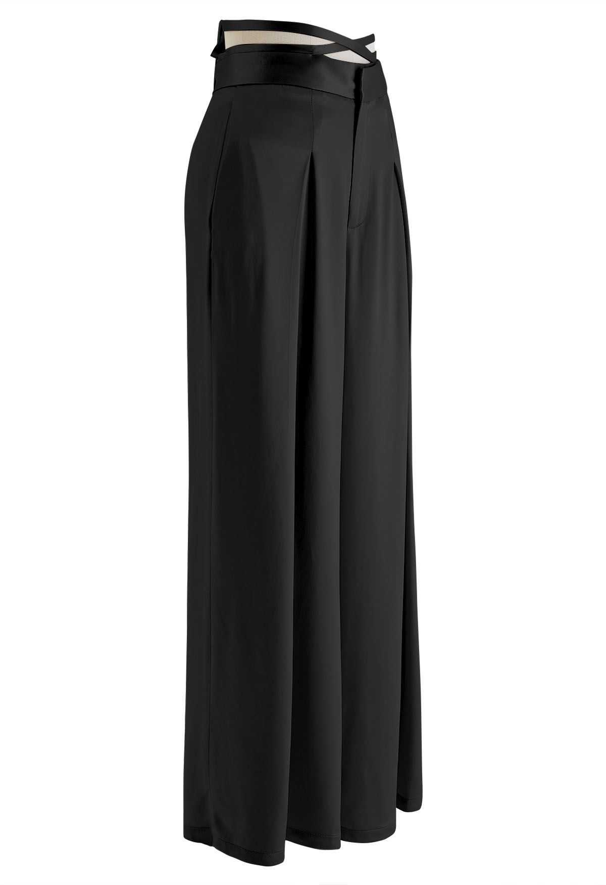 Pantalones de pierna ancha con cintura entrecruzada brillante en negro
