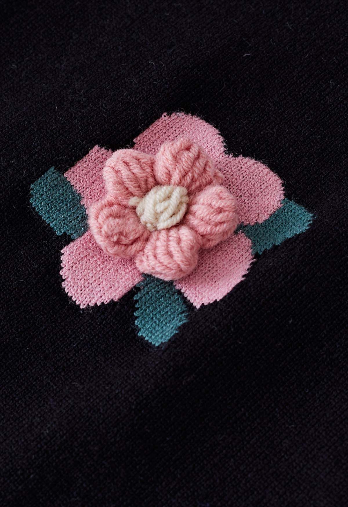 Top de punto de manga corta con flores de puntada rosa en negro