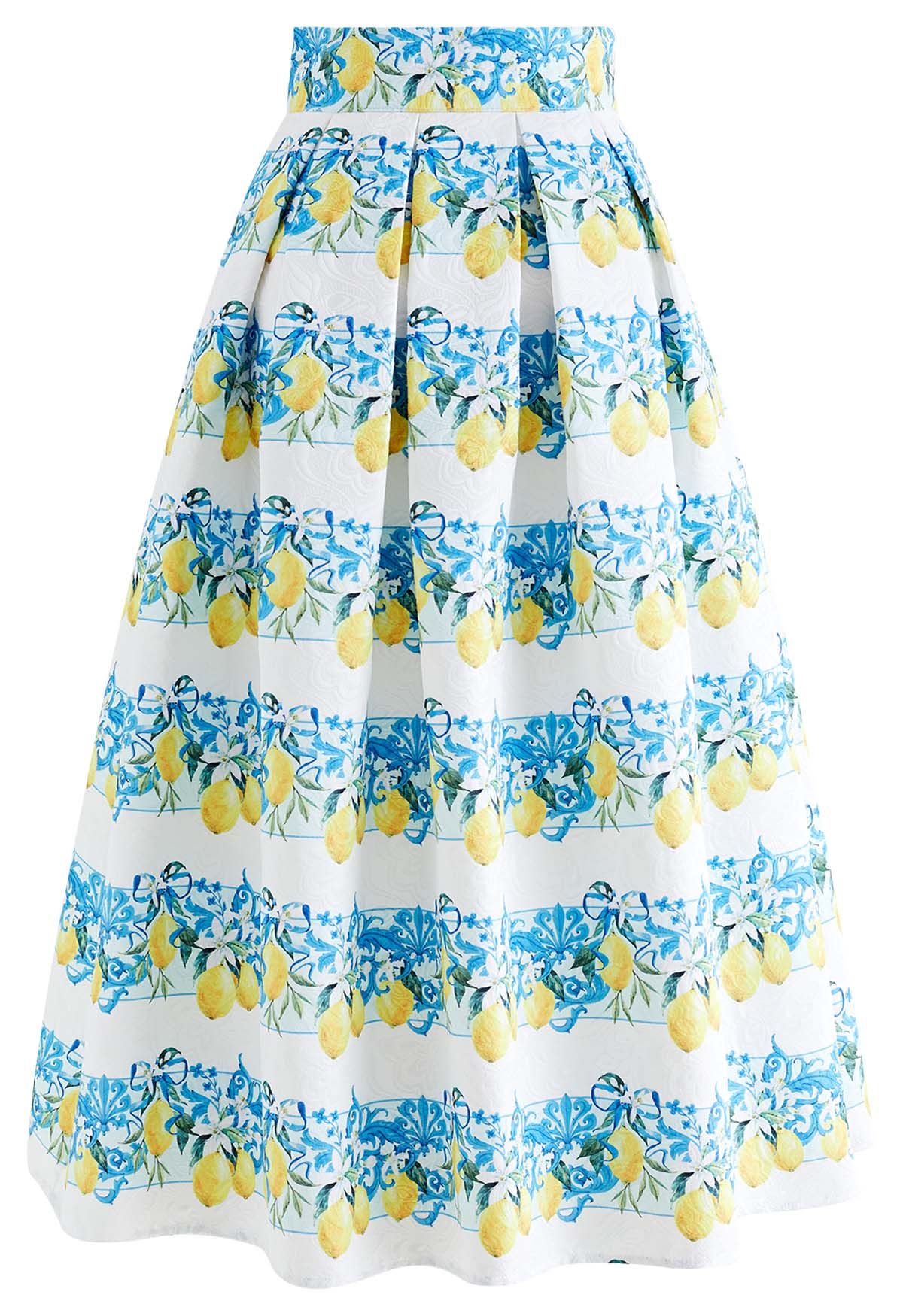 Falda midi plisada con estampado de limones acuarela estilo siciliano