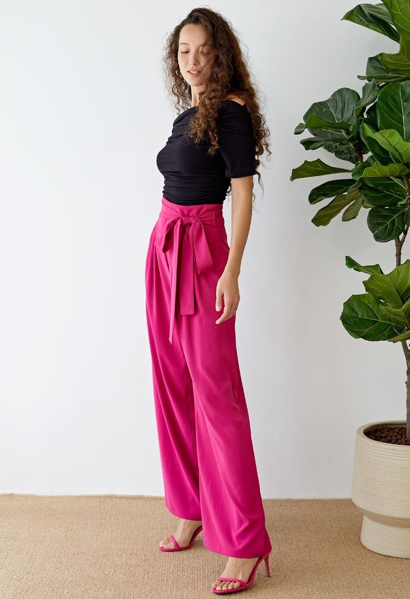Pantalones anchos de cintura alta con lazo en magenta - Retro, Indie and  Unique Fashion