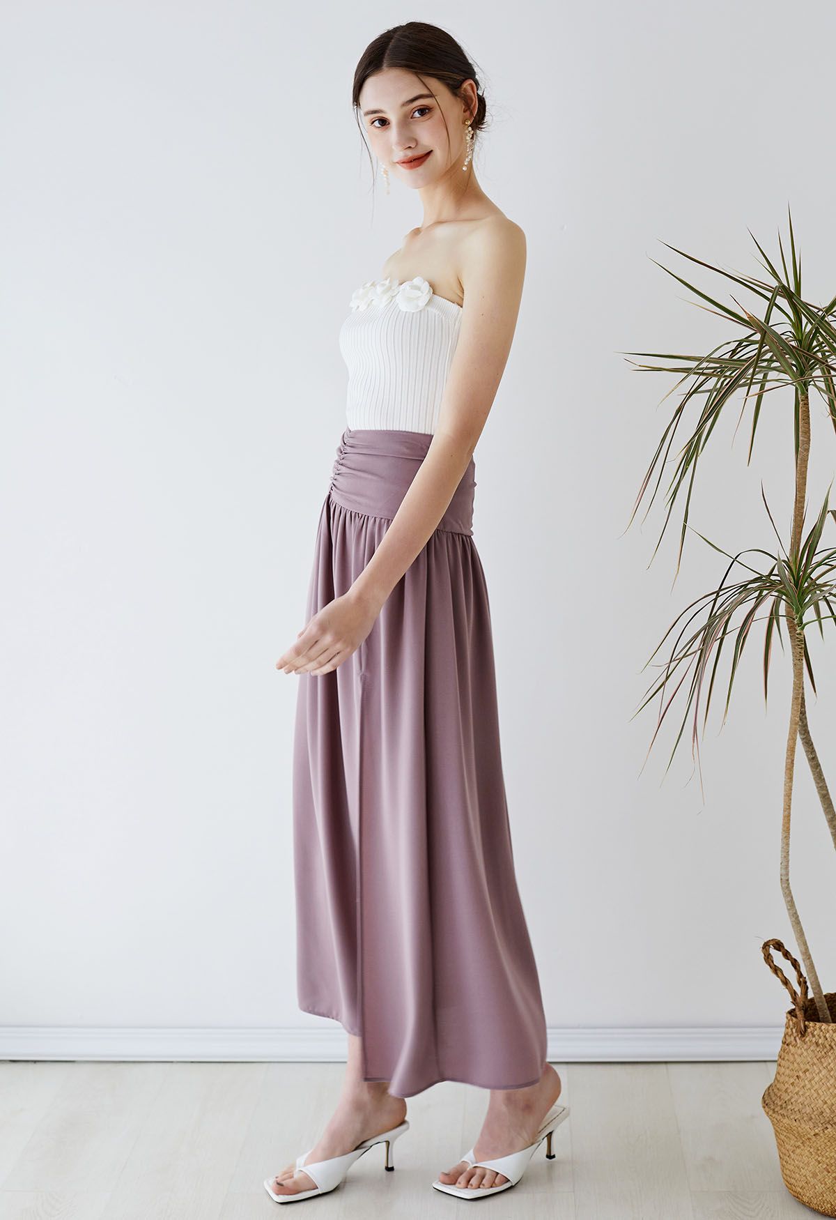 Falda larga con abertura en la cintura fruncida en lila
