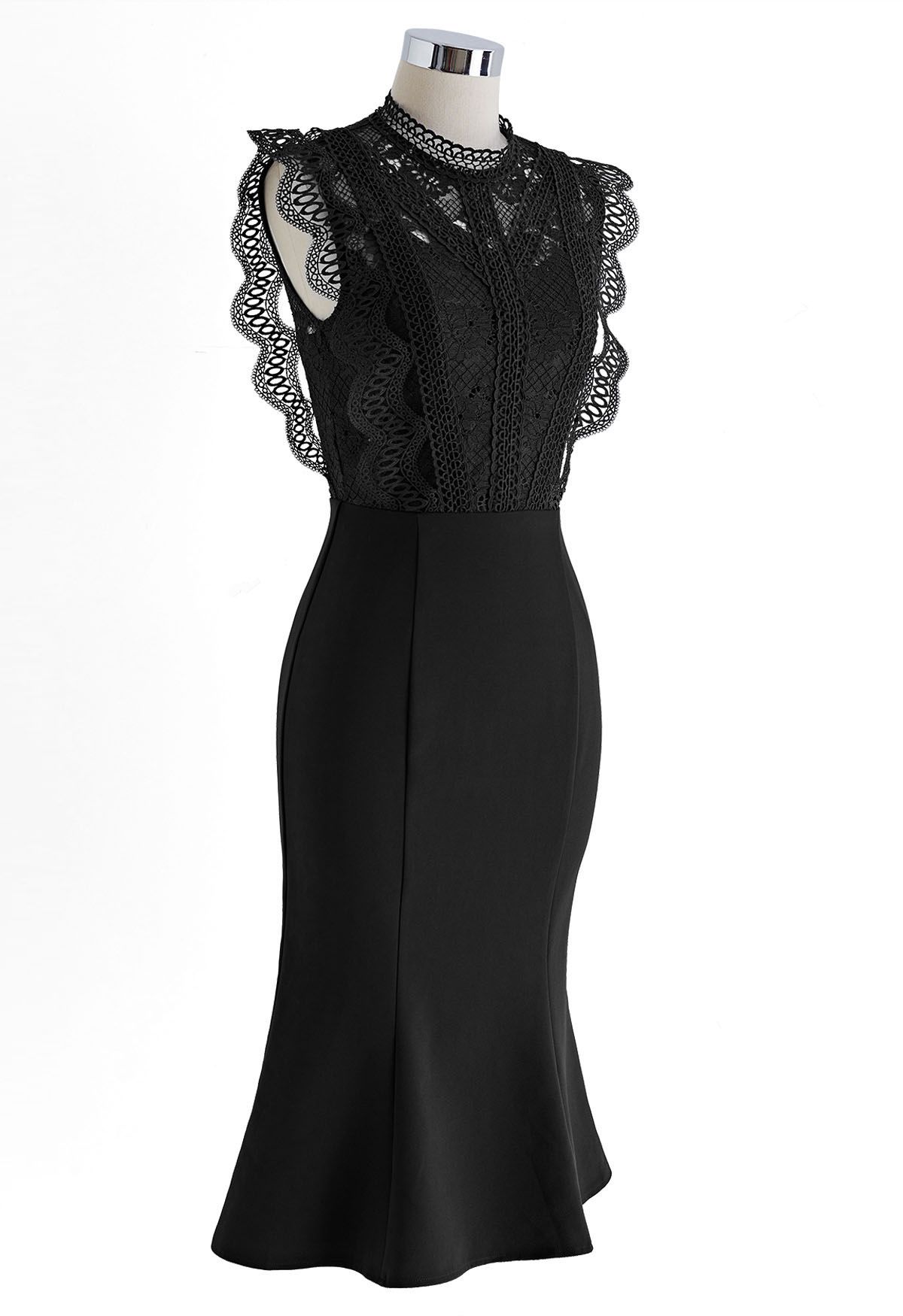 Vestido de sirena sin mangas empalmado de encaje de croché en negro
