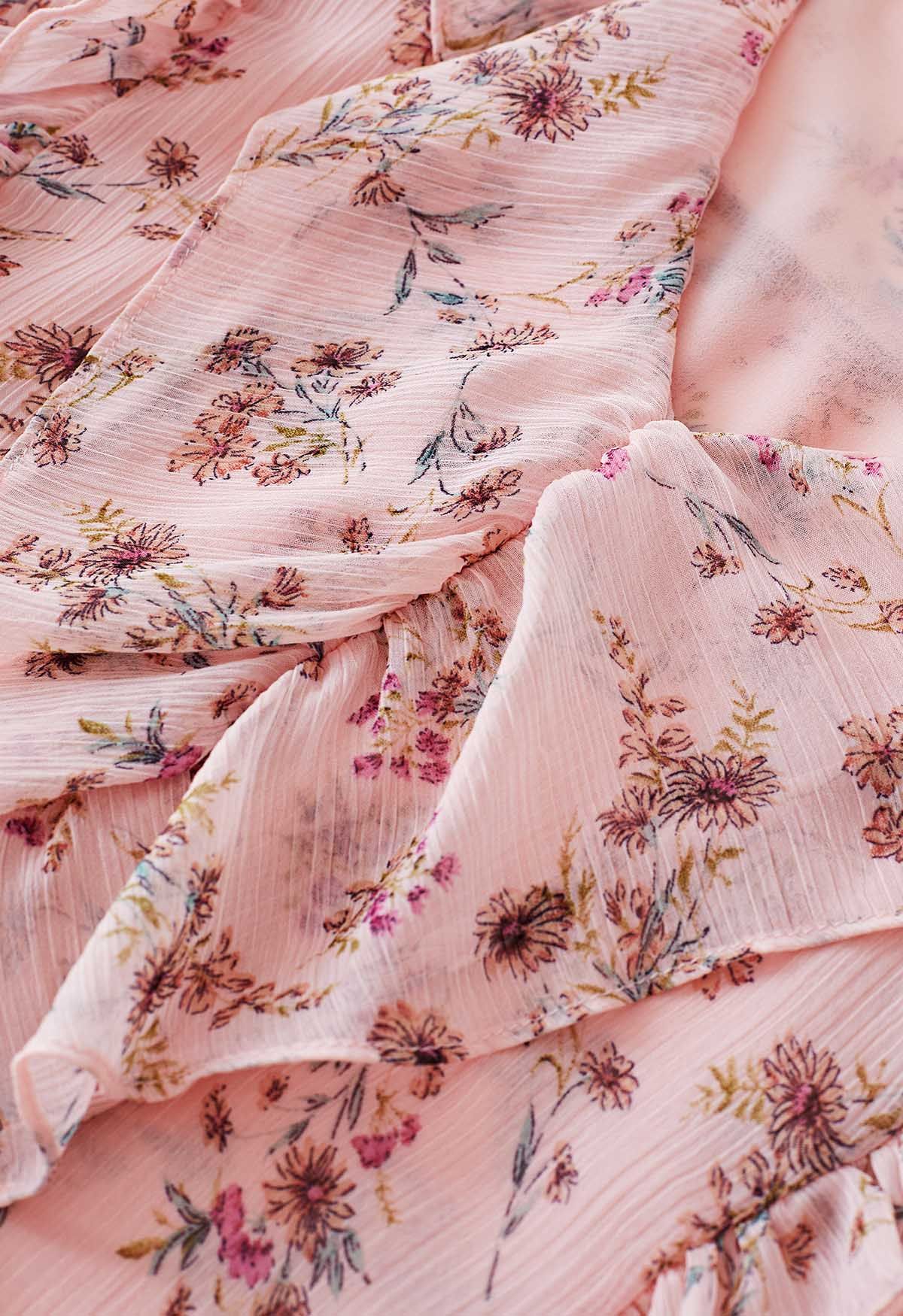 Conjunto de top de gasa con volantes y minifalda pantalón a capas en rosa floral