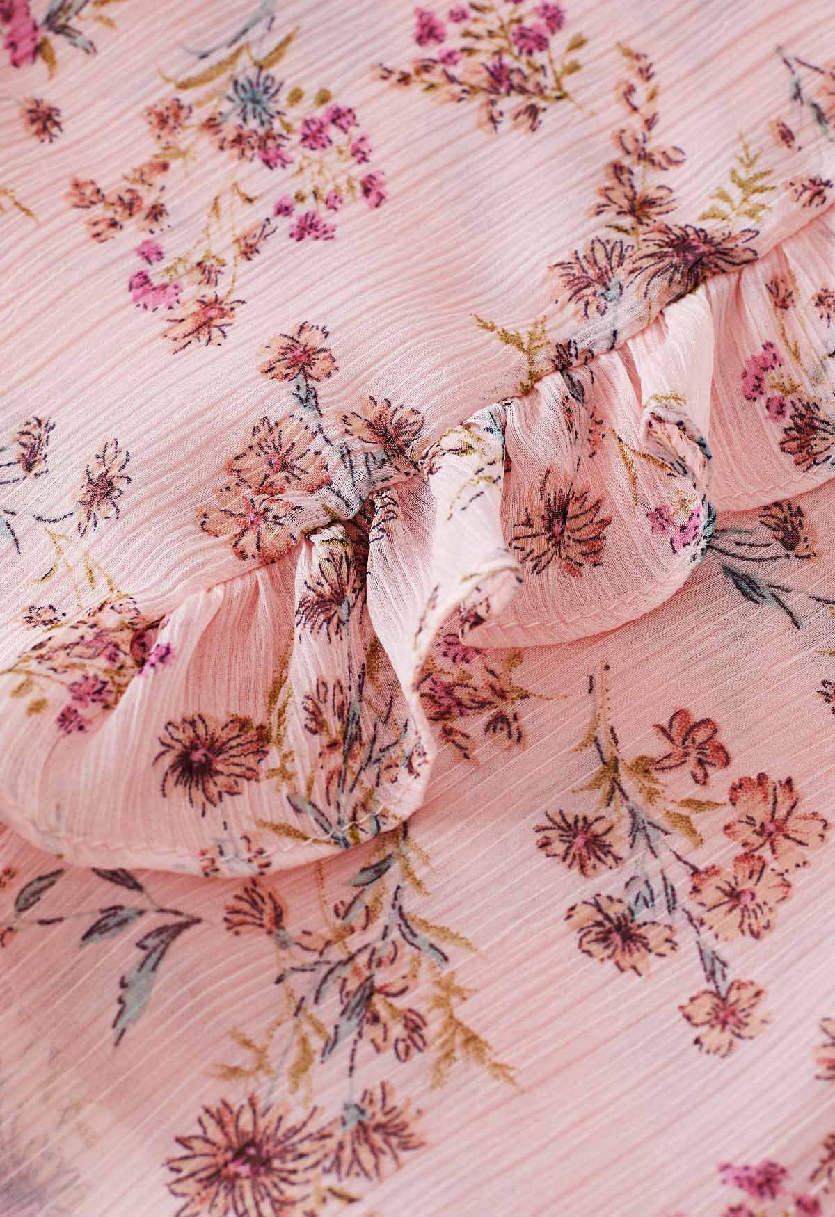 Conjunto de top de gasa con volantes y minifalda pantalón a capas en rosa floral