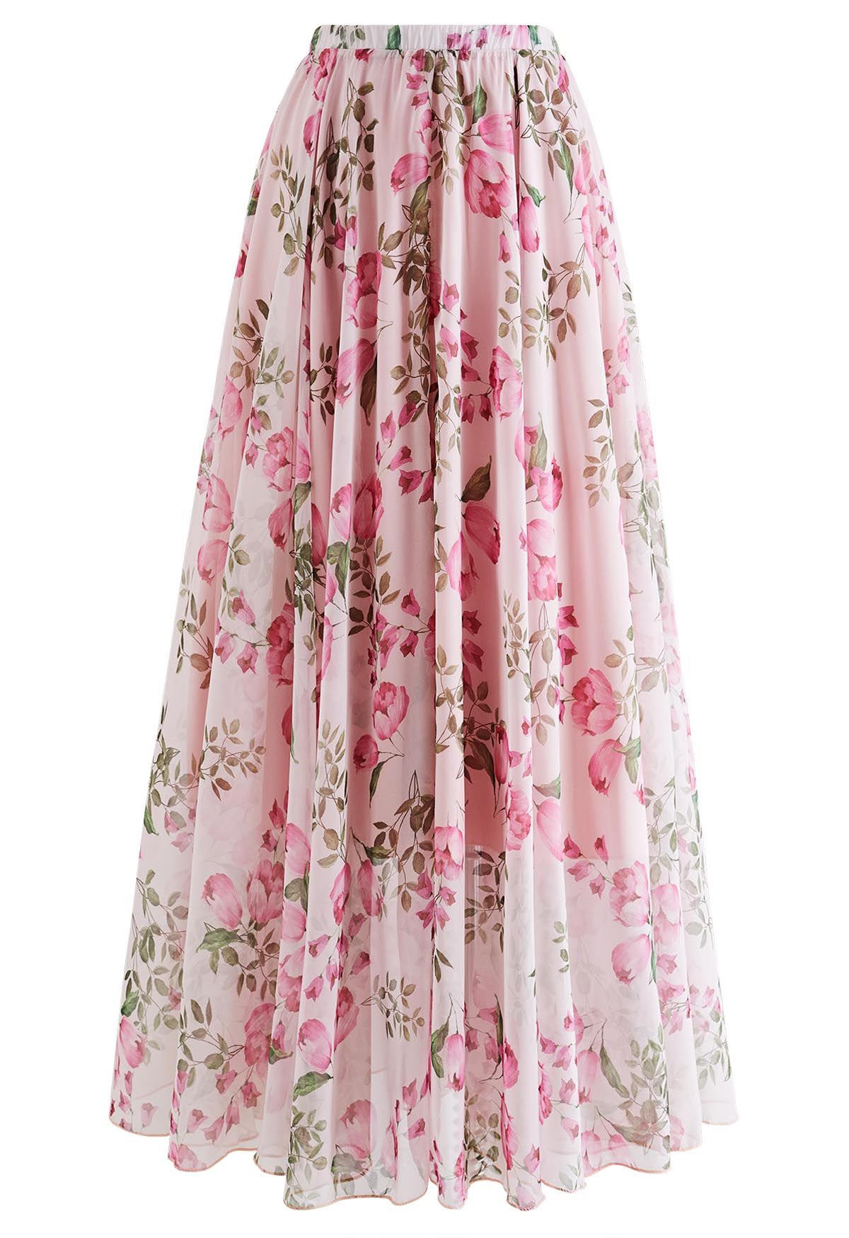 Falda larga de gasa con estampado de capullo de flor rosa