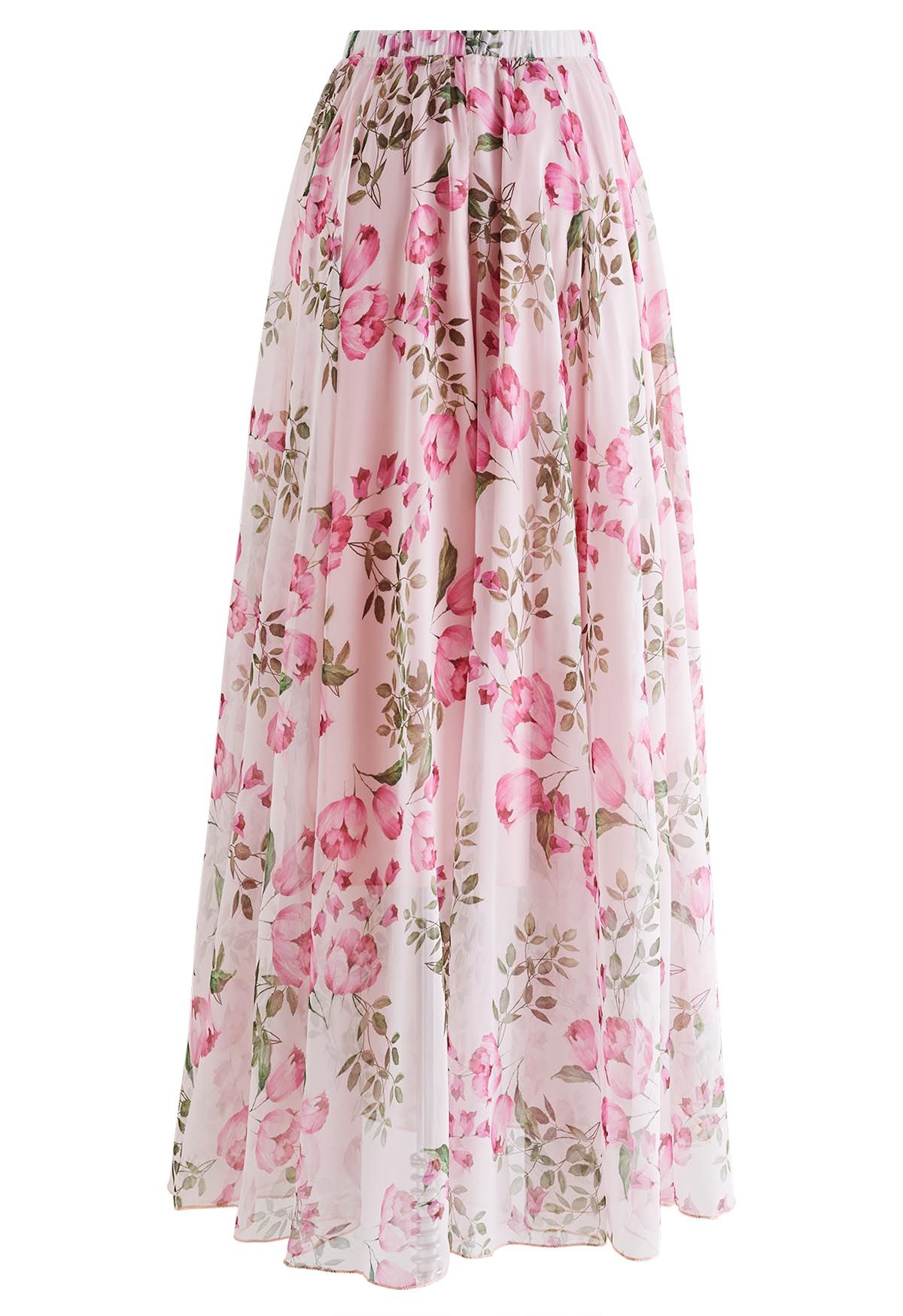 Falda larga de gasa con estampado de capullo de flor rosa