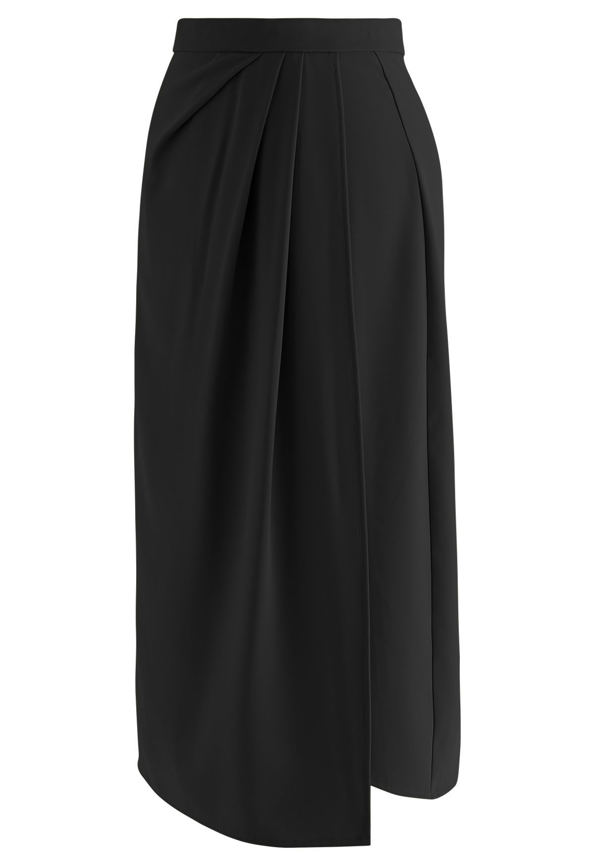Falda midi con solapa plisada lateral en negro