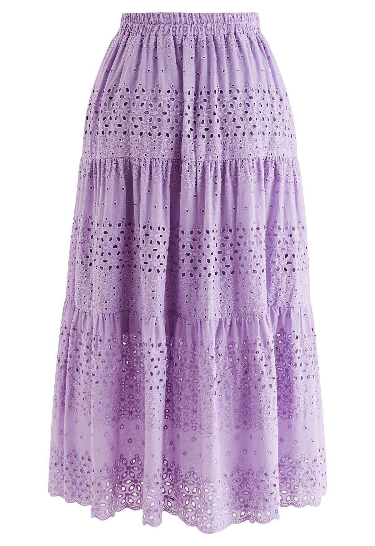 Falda midi de algodón con ojales bordados Floret en lila