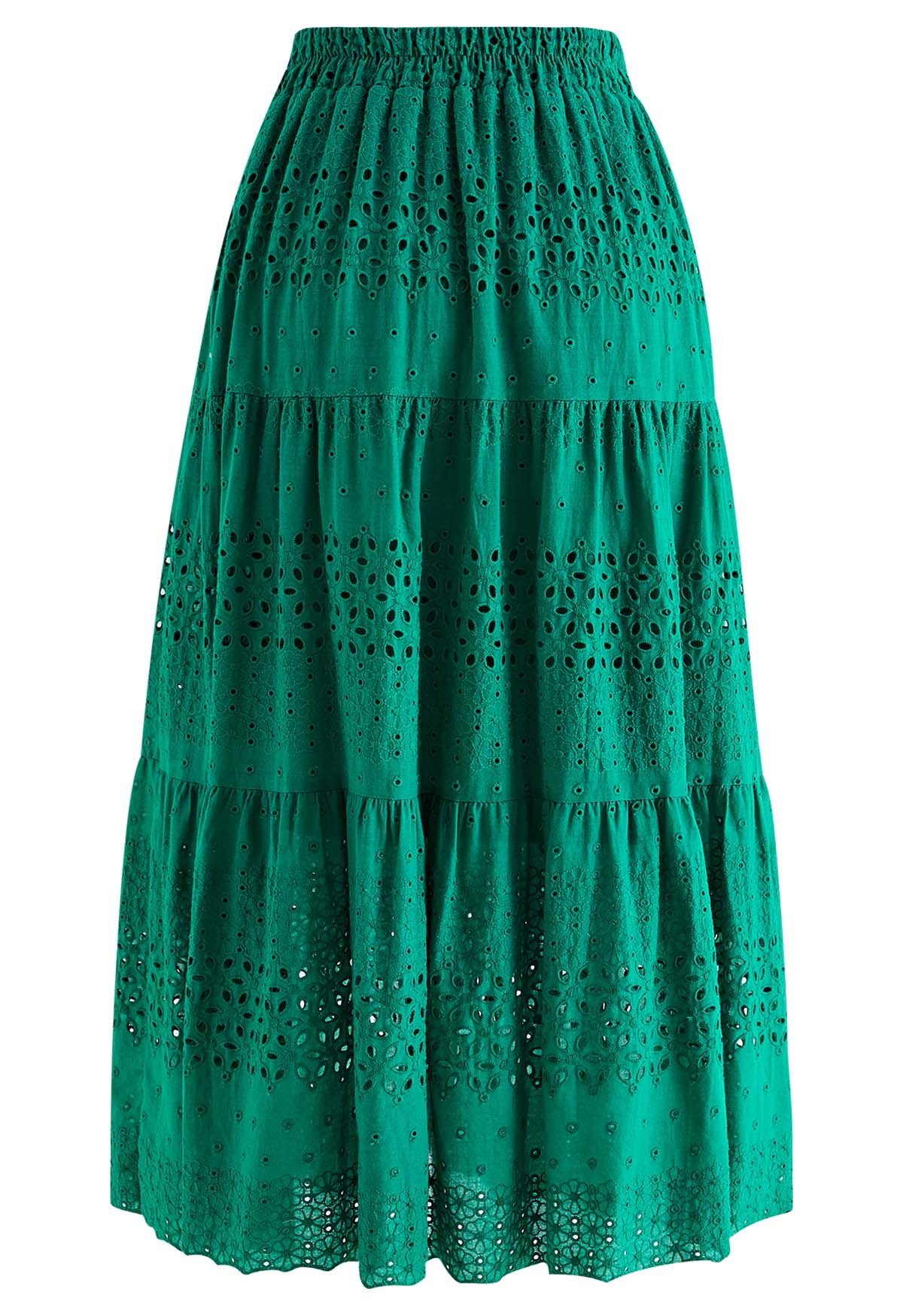 Falda midi de algodón con ojales bordados Floret en verde