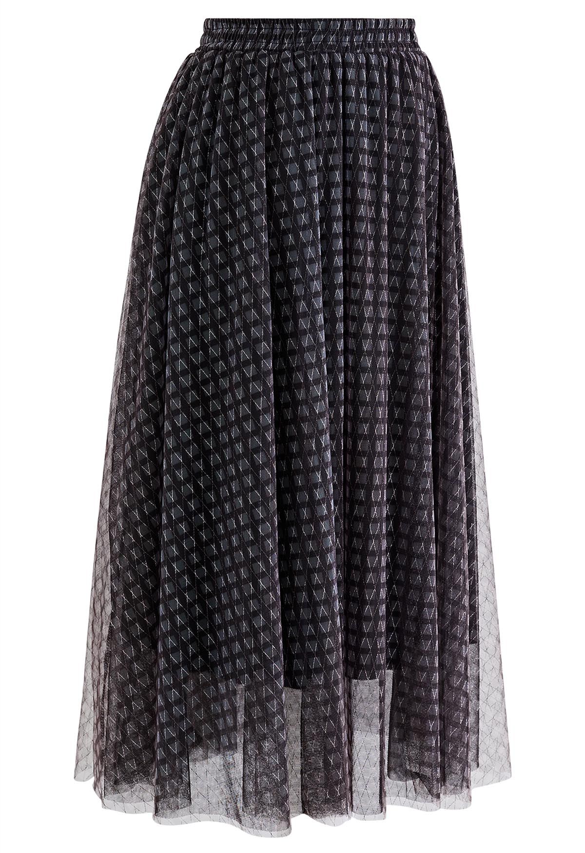 Falda de tul de malla con forma de diamante de hilo metálico en negro