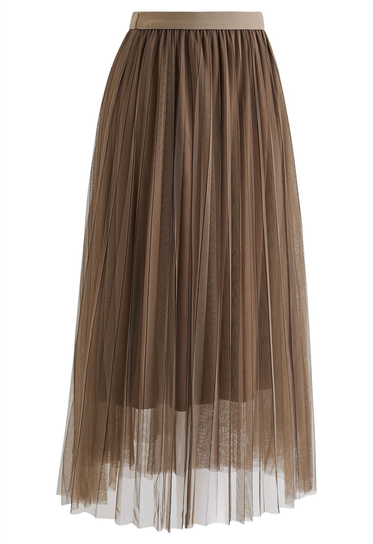 Falda midi de tul de malla plisada con líneas en contraste en marrón