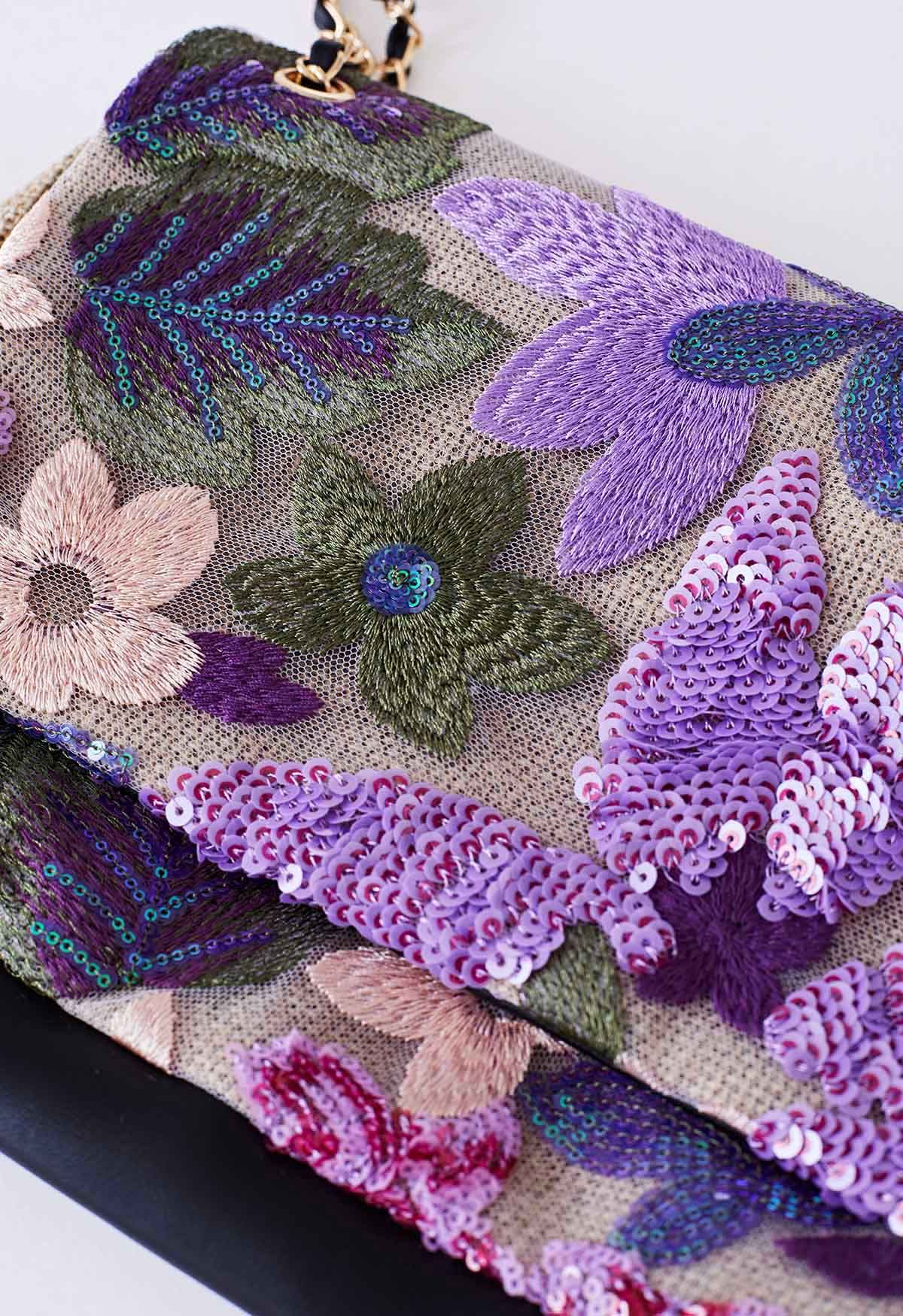 Bandolera con bordado floral de lentejuelas en violeta