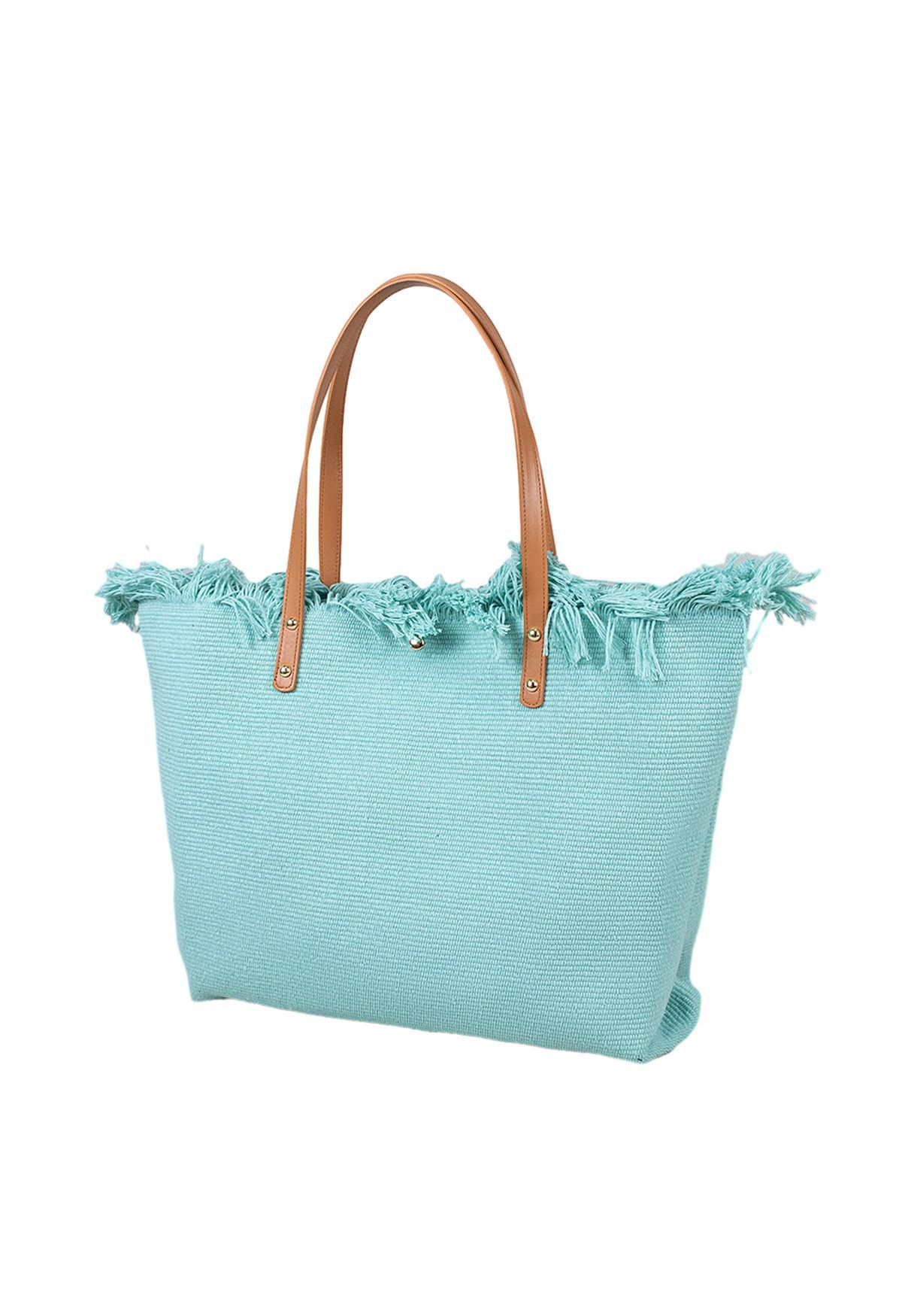 Bolso tote de lona con ribete de borlas en menta