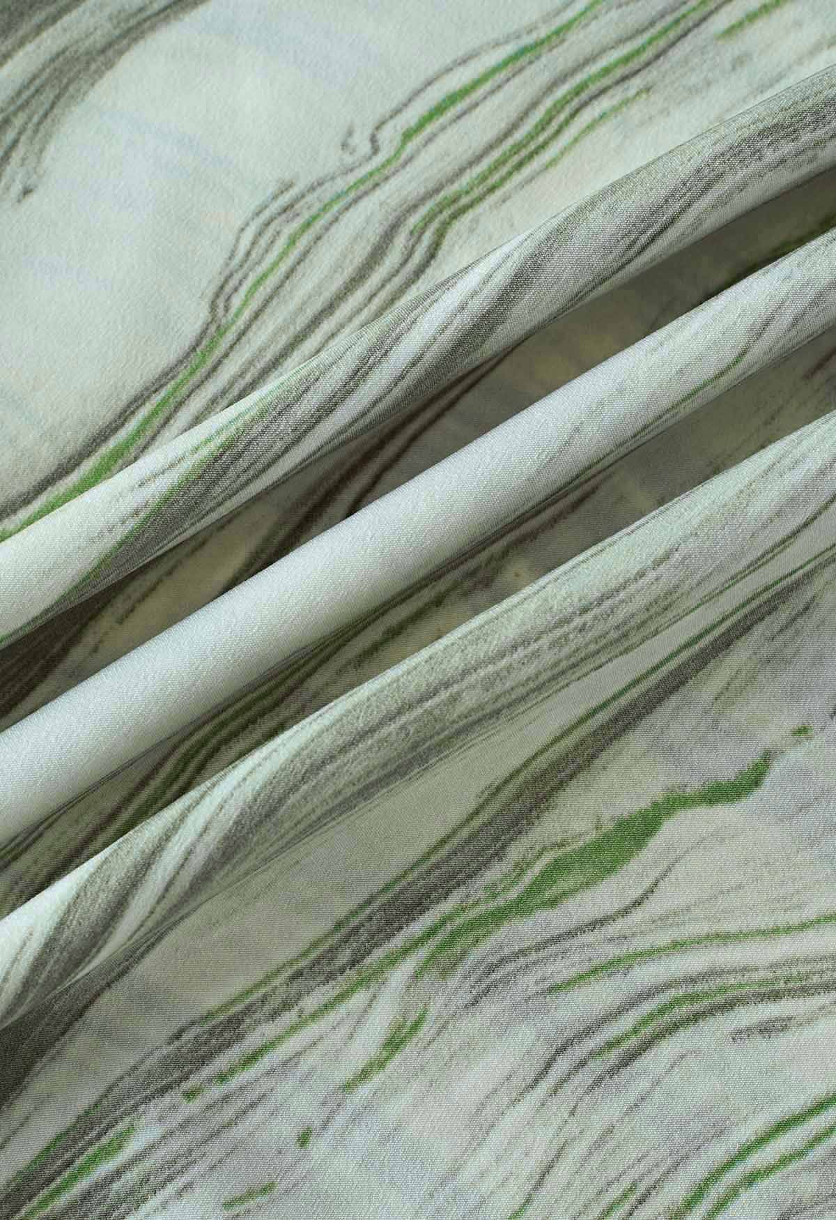 Falda midi con solapa en la cintura y estampado de mármol en verde