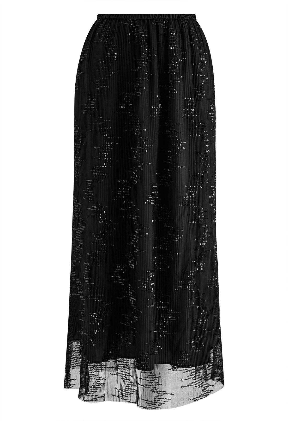 Falda larga de malla adornada con lentejuelas en negro