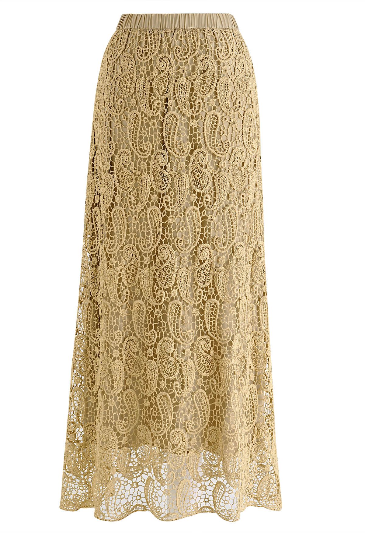 Falda larga de encaje Paisley Cutwork en Tan