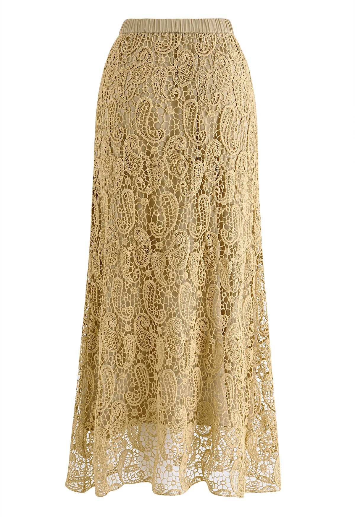 Falda larga de encaje Paisley Cutwork en Tan