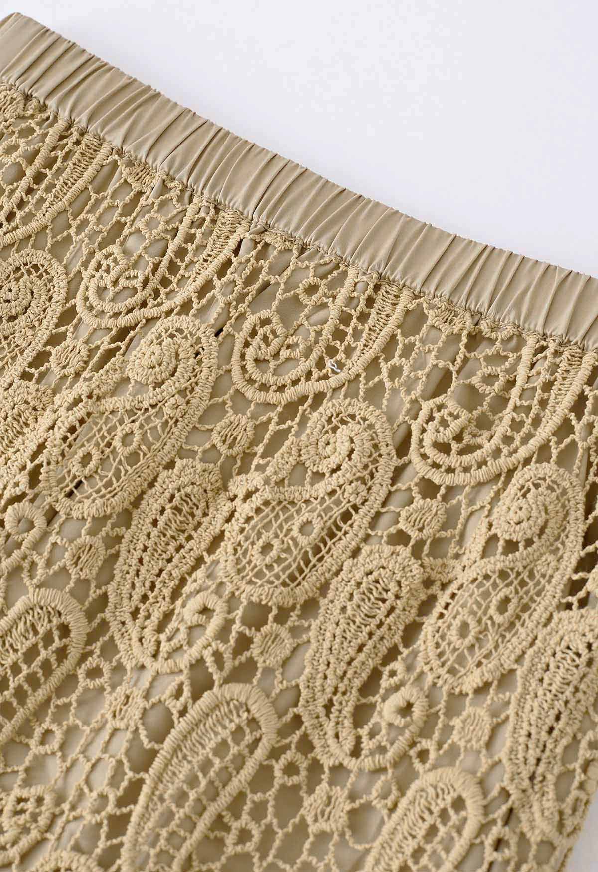 Falda larga de encaje Paisley Cutwork en Tan