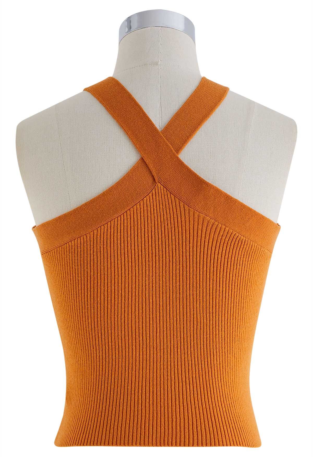 Top de punto halter con tiras cruzadas en naranja