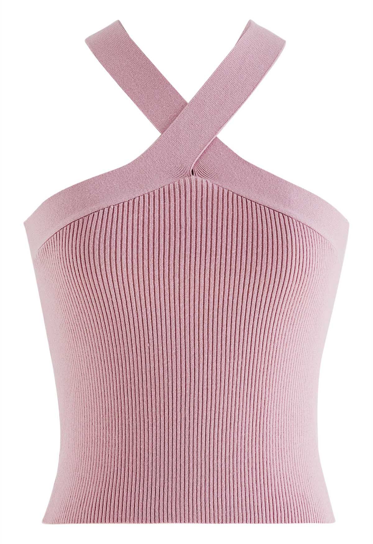 Top de punto halter con tiras cruzadas en rosa