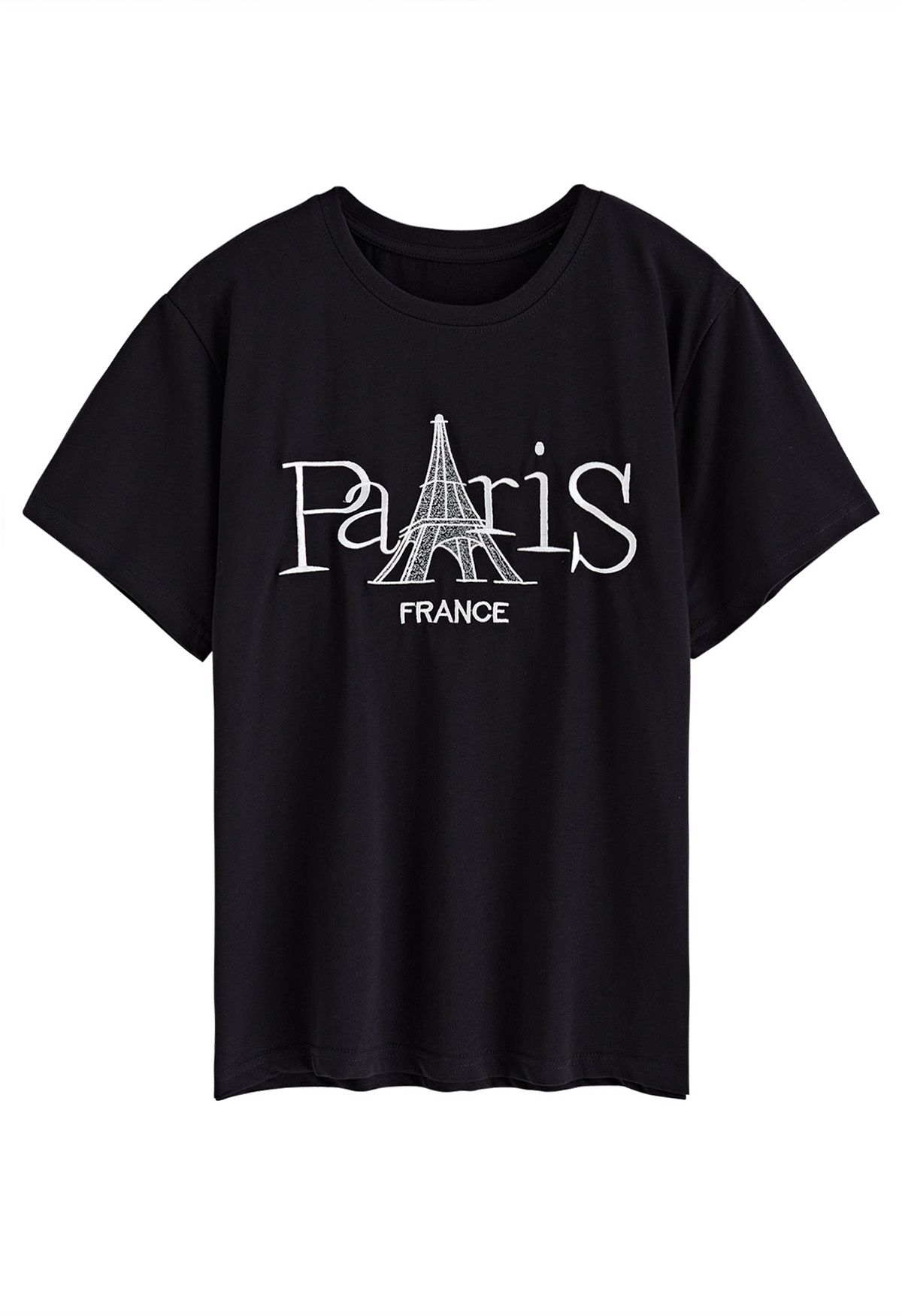 Camiseta negra con cuello redondo y bordado de la Torre Eiffel