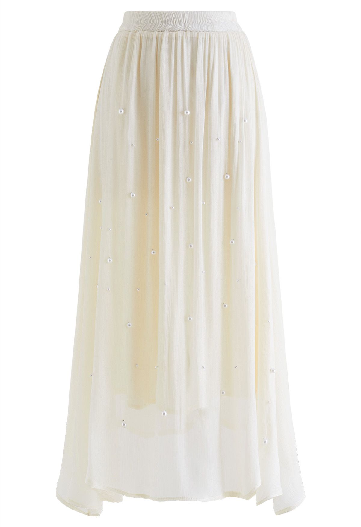 Falda de chifón brillante con perlas irregulares en color crema