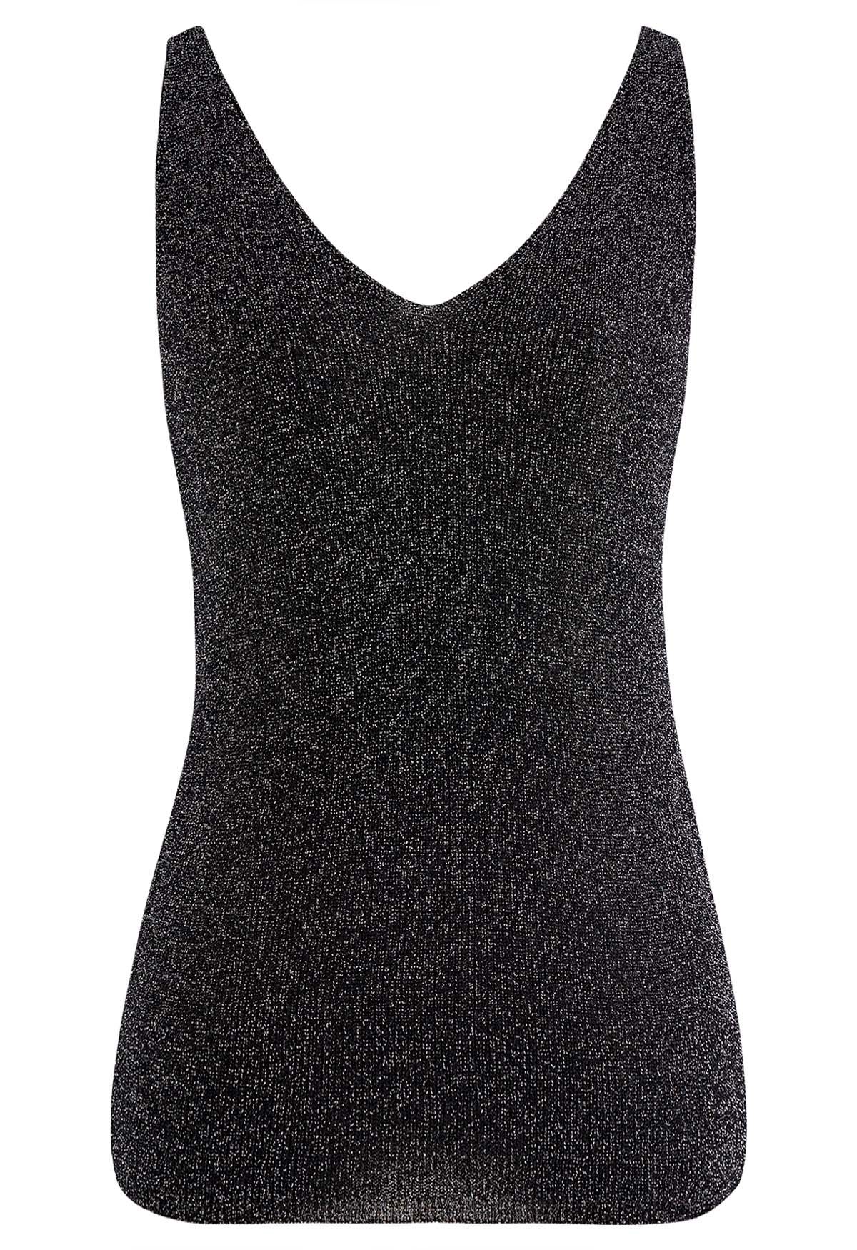 Camiseta sin mangas de punto brillante con cuello en V en negro