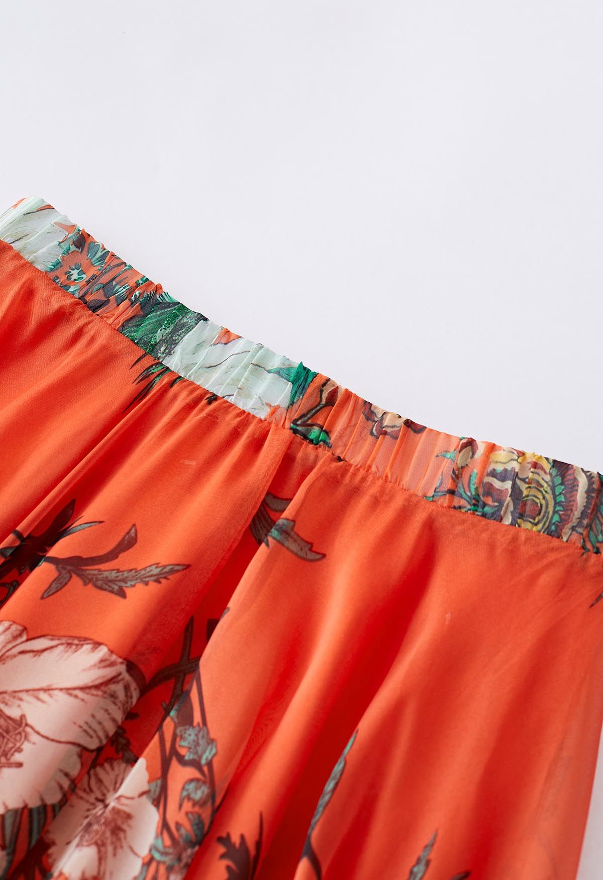 Falda larga de gasa con estampado de ramo naranja