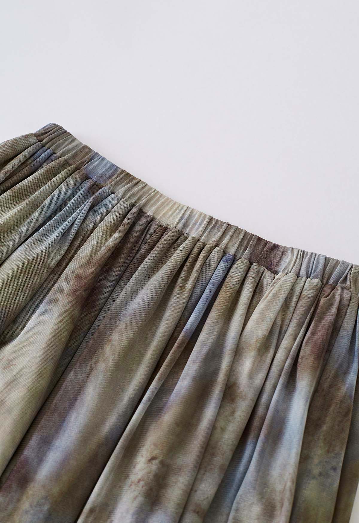 Conjunto de falda larga y top de tubo fruncido de malla suave color acuarela