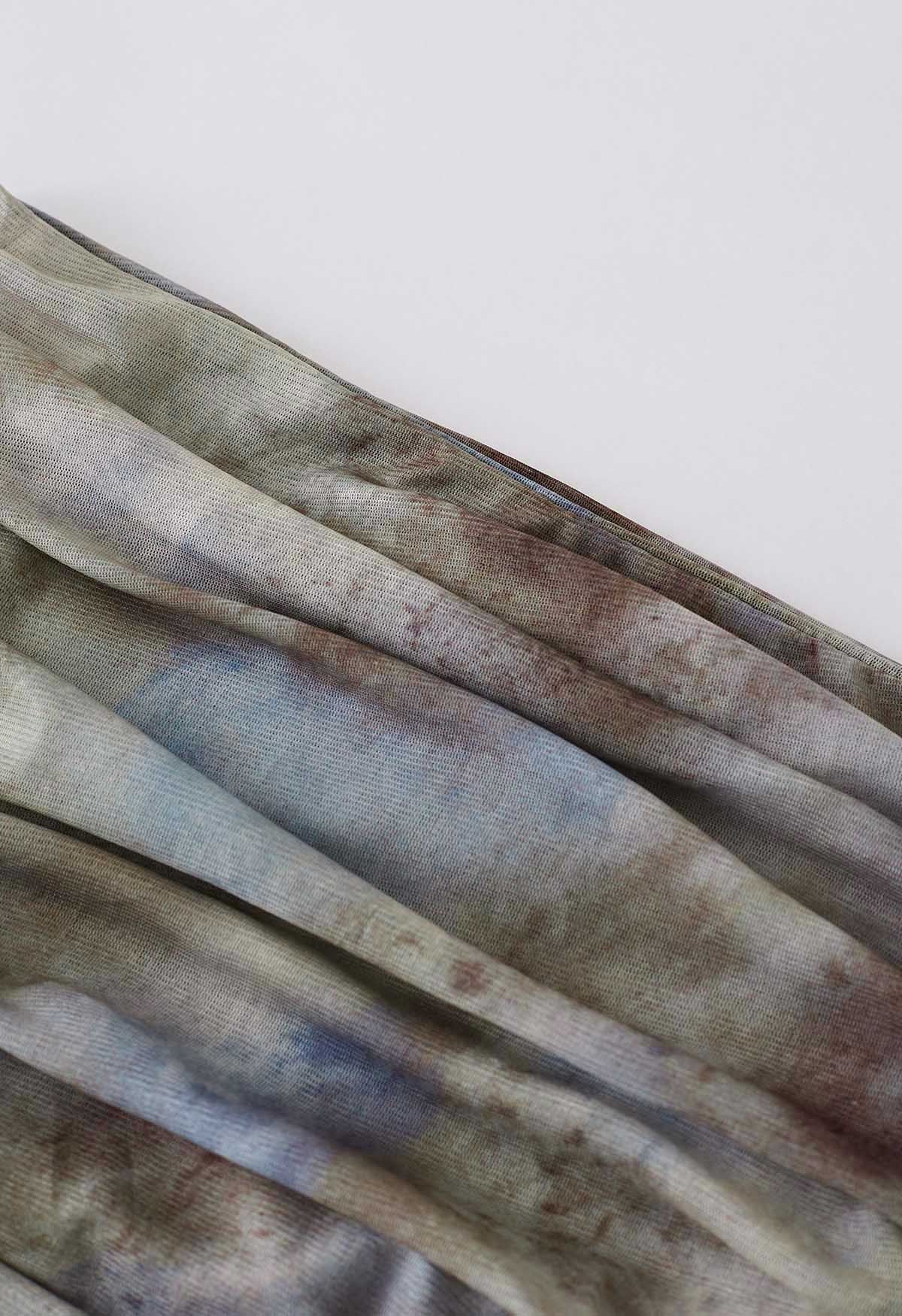 Conjunto de falda larga y top de tubo fruncido de malla suave color acuarela