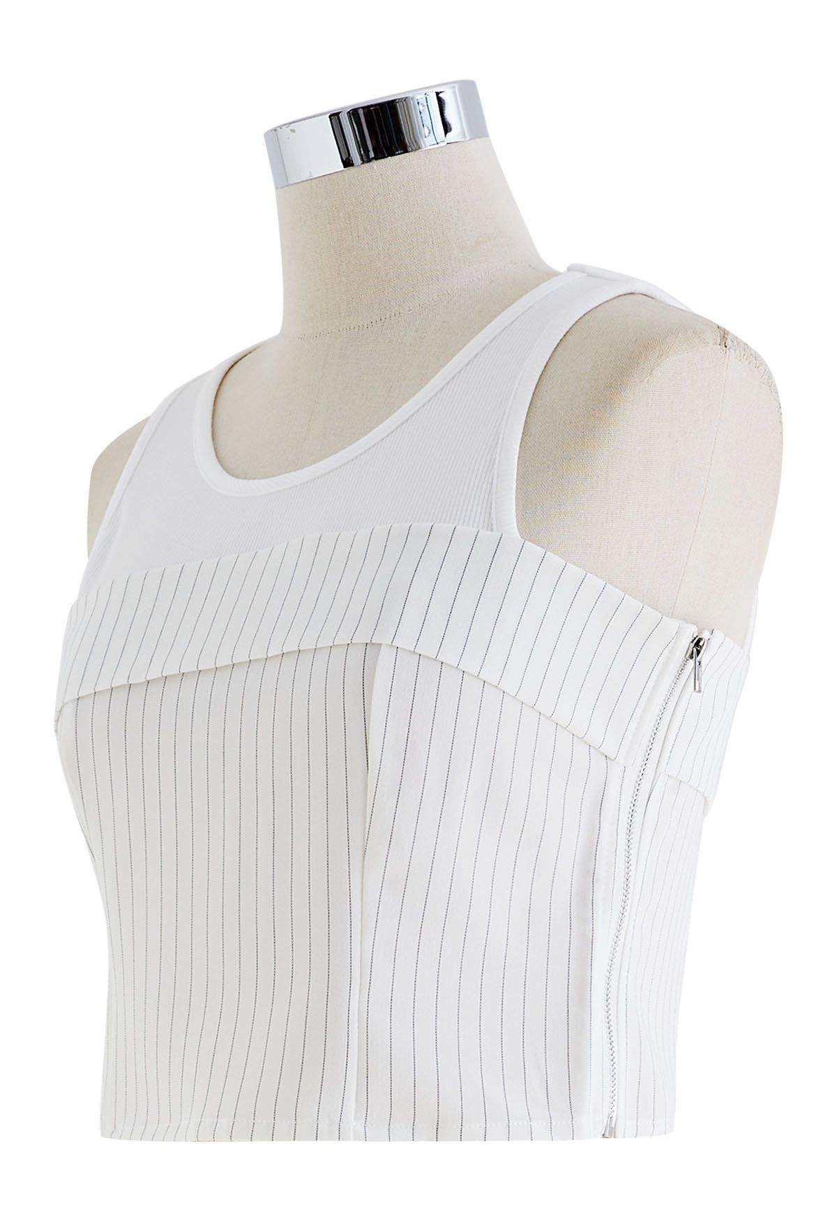 Camiseta sin mangas con raya vertical doblada y empalmada en blanco