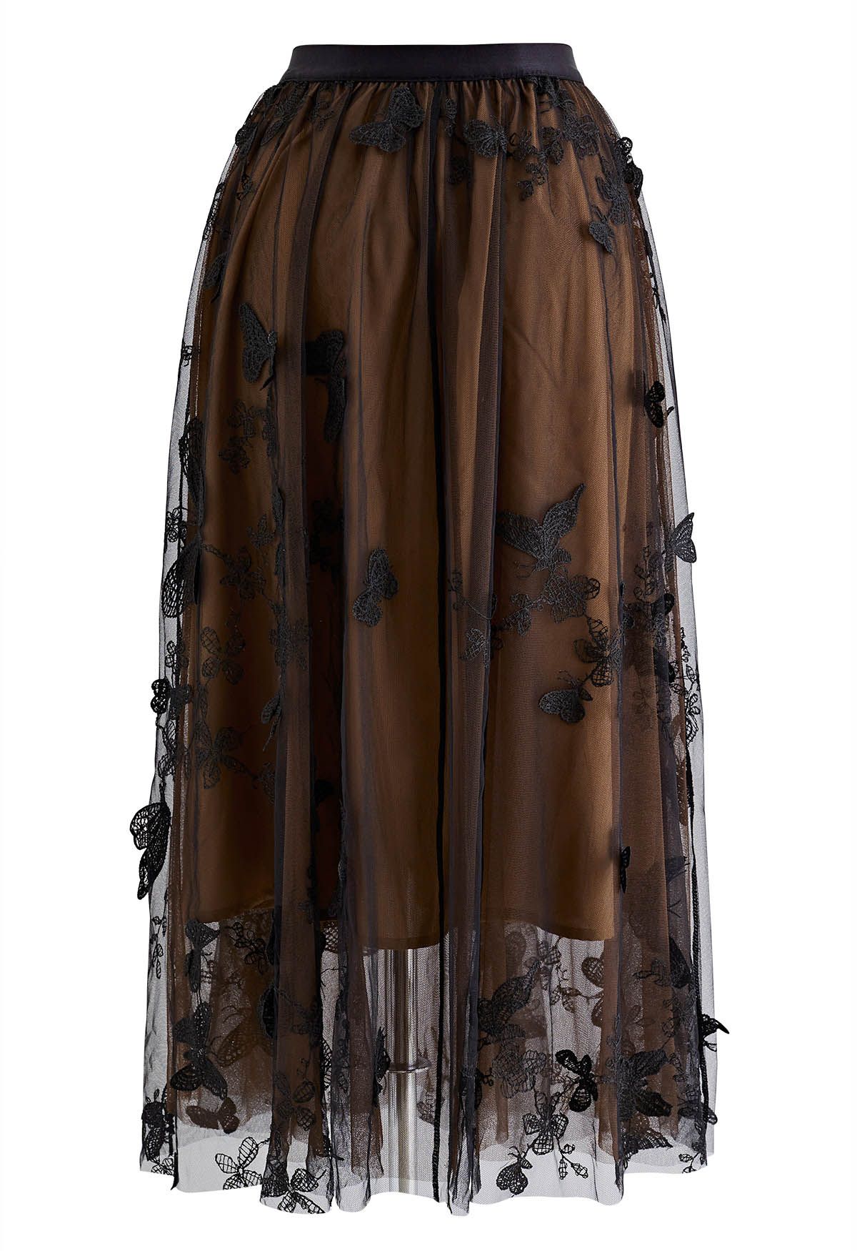 Falda midi de malla de doble capa con mariposas 3D en tostado