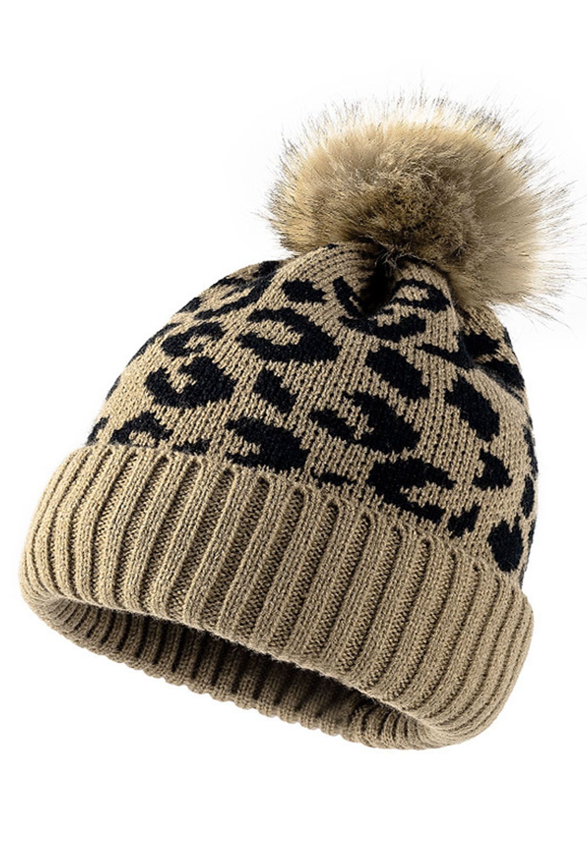 Gorro Beanie de punto de leopardo con pompones borrosos en caqui