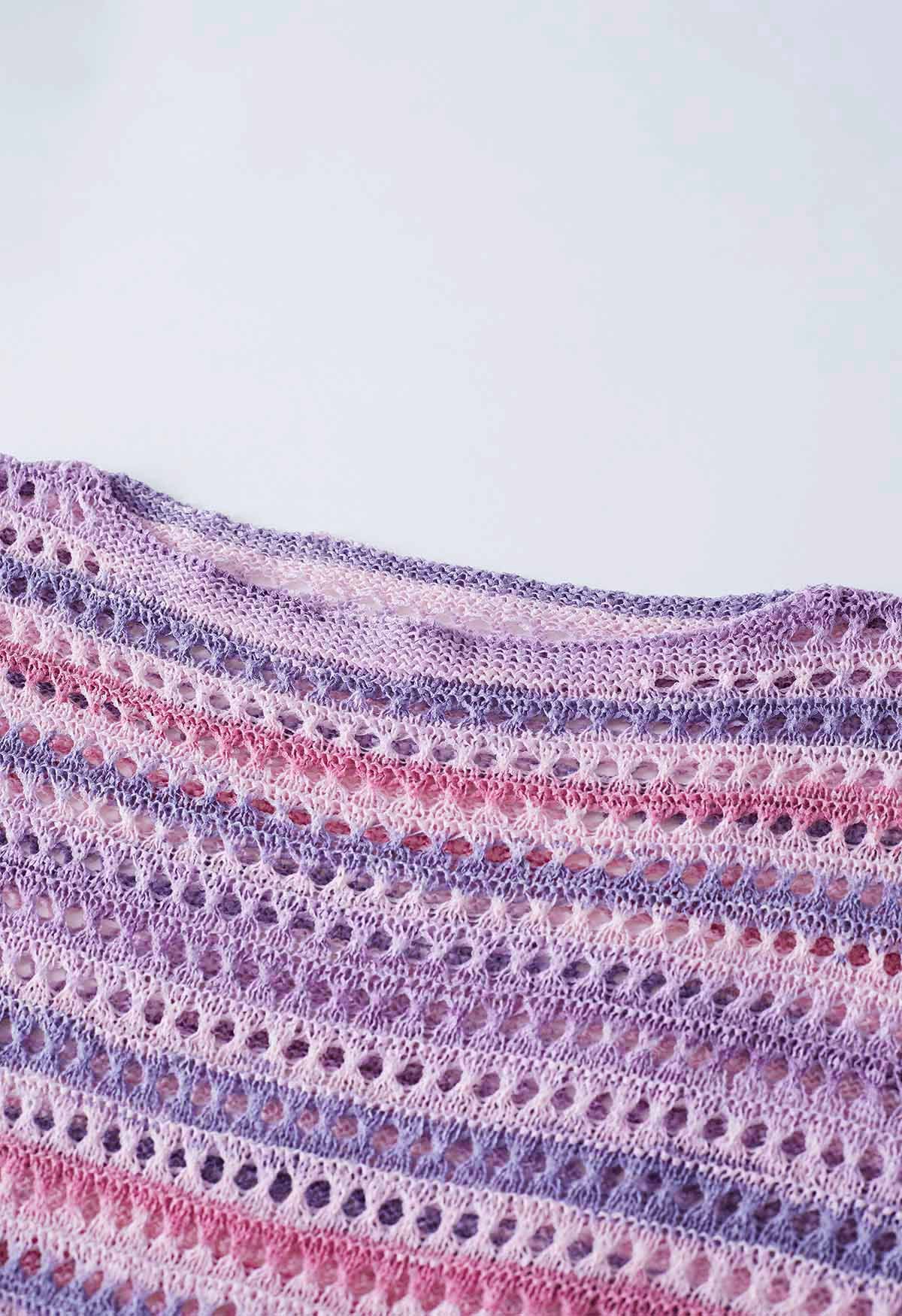 Suéter de punto calado con rayas coloridas en rosa