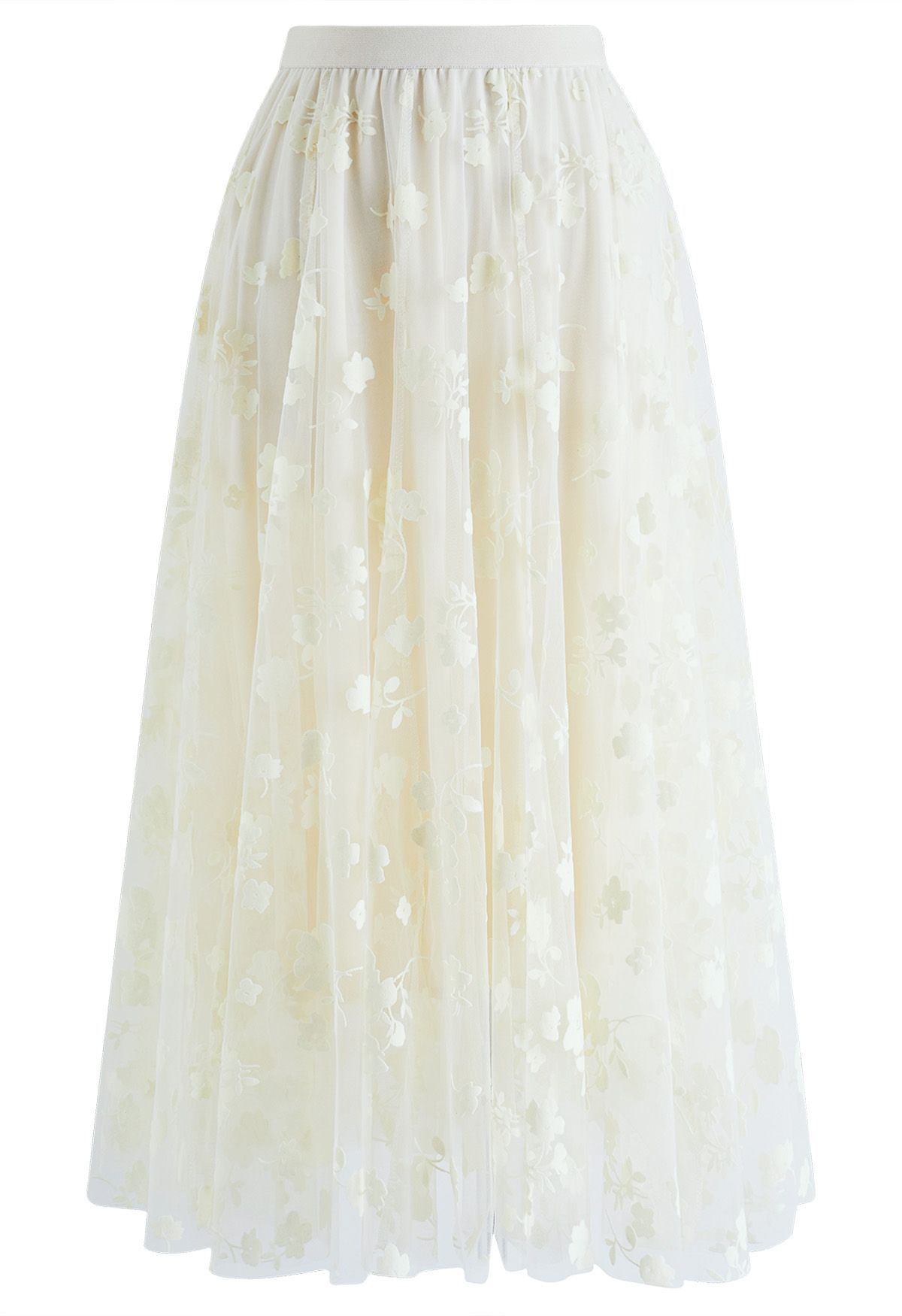 Falda midi de malla de doble capa en color crema de 3D Posy
