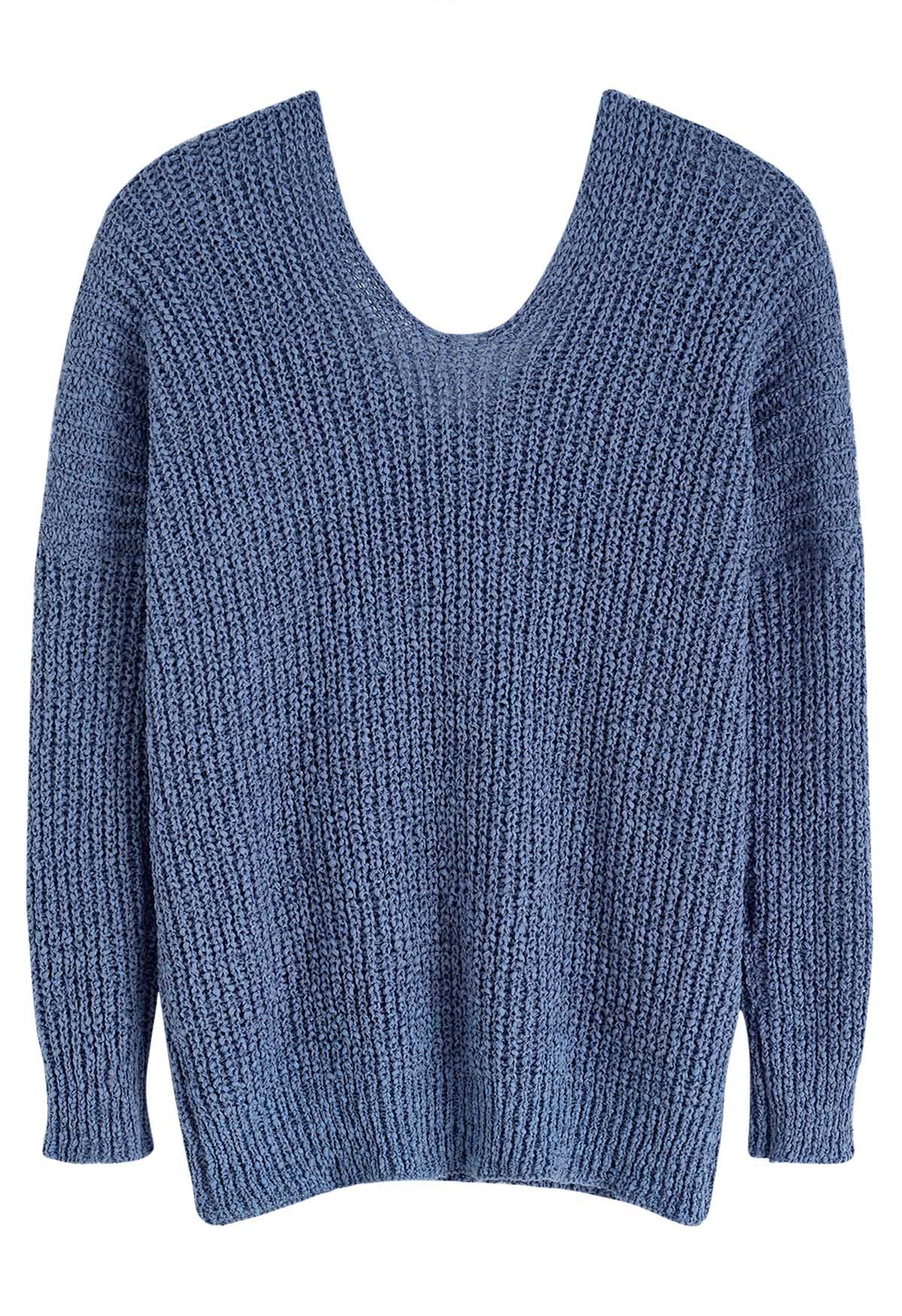 Suéter con cuello en V de punto acanalado con textura en azul polvoriento