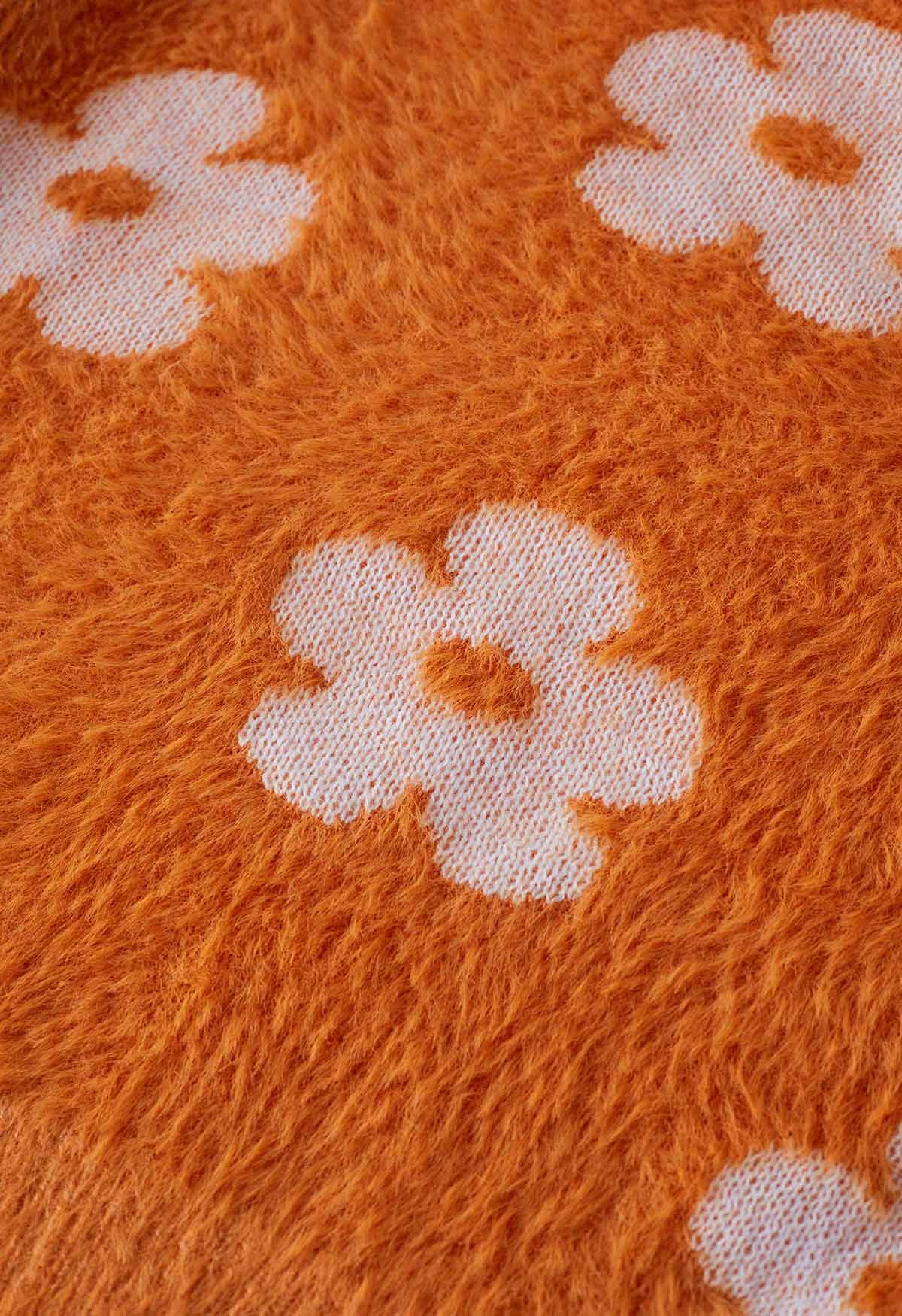 Cárdigan de punto fuzzy de flores de Cuteness en naranja