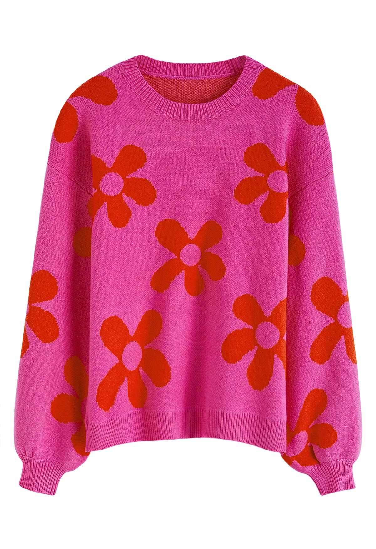 Cuteness Flowers Suéter de Punto con Cuello Redondo Cuadrado en Rosa Fuerte