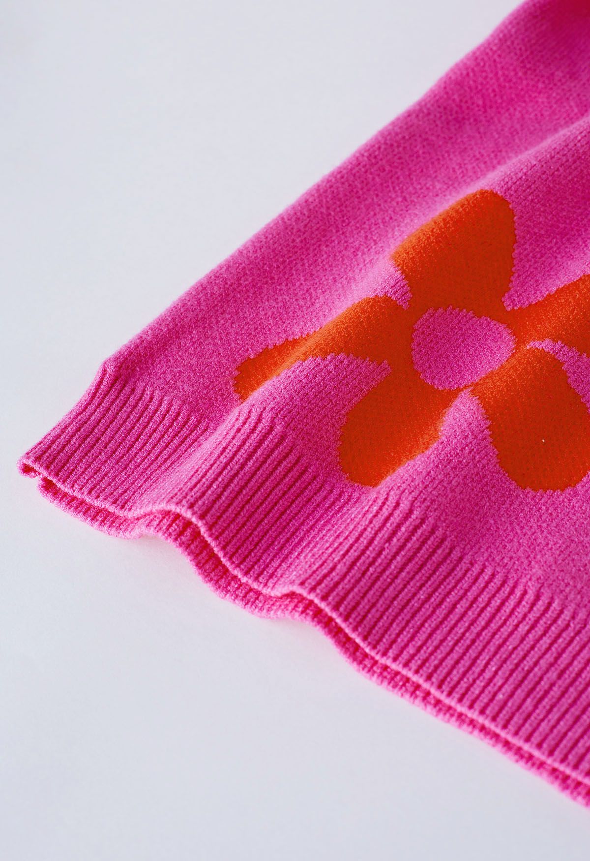 Cuteness Flowers Suéter de Punto con Cuello Redondo Cuadrado en Rosa Fuerte